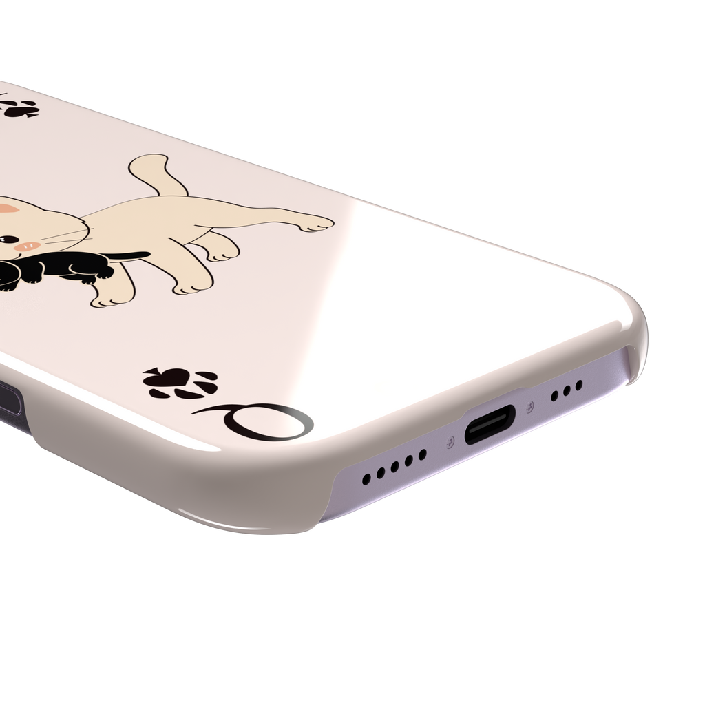 Queen of Spades phone case in blush pink with a cute kitten carrying a black cat and paw print playing card details, phone case by Caselier — snap case, charging port detail