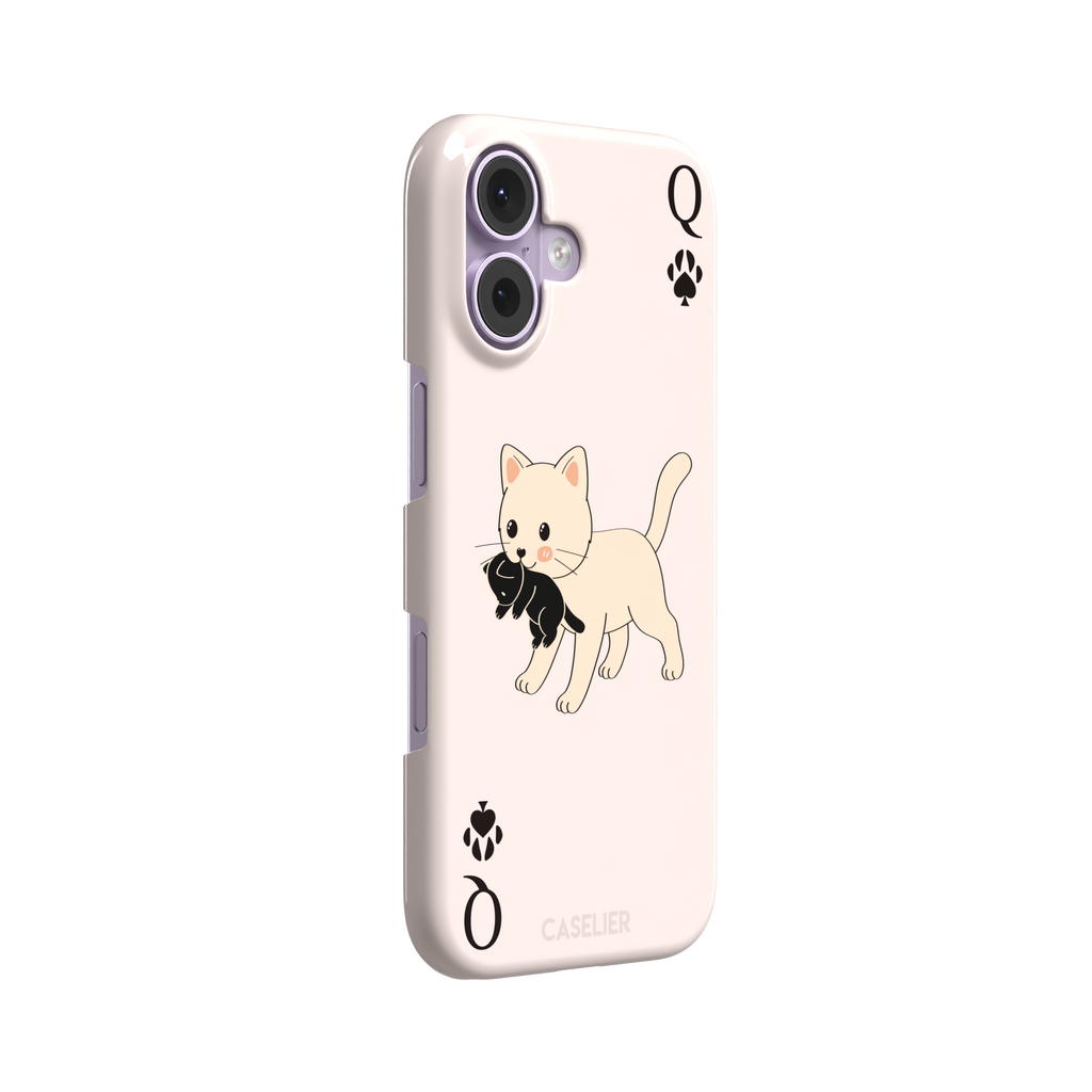 Queen of Spades phone case in blush pink with a cute kitten carrying a black cat and paw print playing card details, phone case by Caselier — snap case, left view