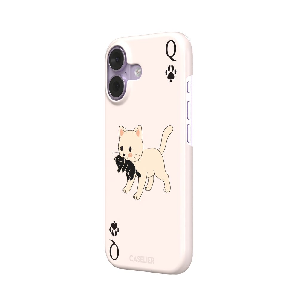 Queen of Spades phone case in blush pink with a cute kitten carrying a black cat and paw print playing card details, phone case by Caselier — snap case, right view
