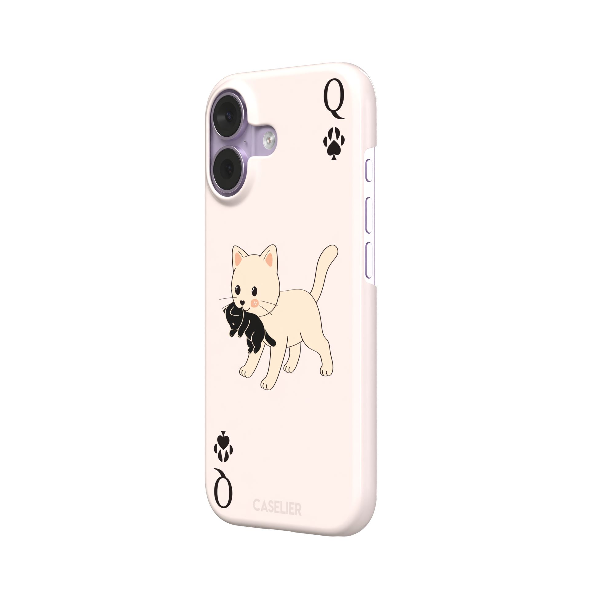 Queen of Spades phone case in blush pink with a cute kitten carrying a black cat and paw print playing card details, phone case by Caselier — snap case, right view