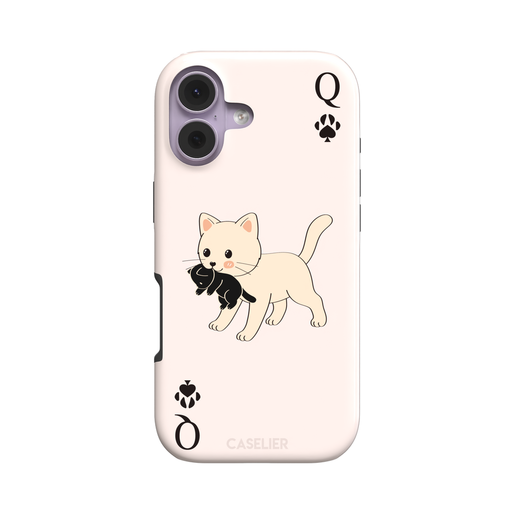 Queen of Spades phone case in blush pink with a cute kitten carrying a black cat and paw print playing card details, phone case by Caselier — tough case, front view