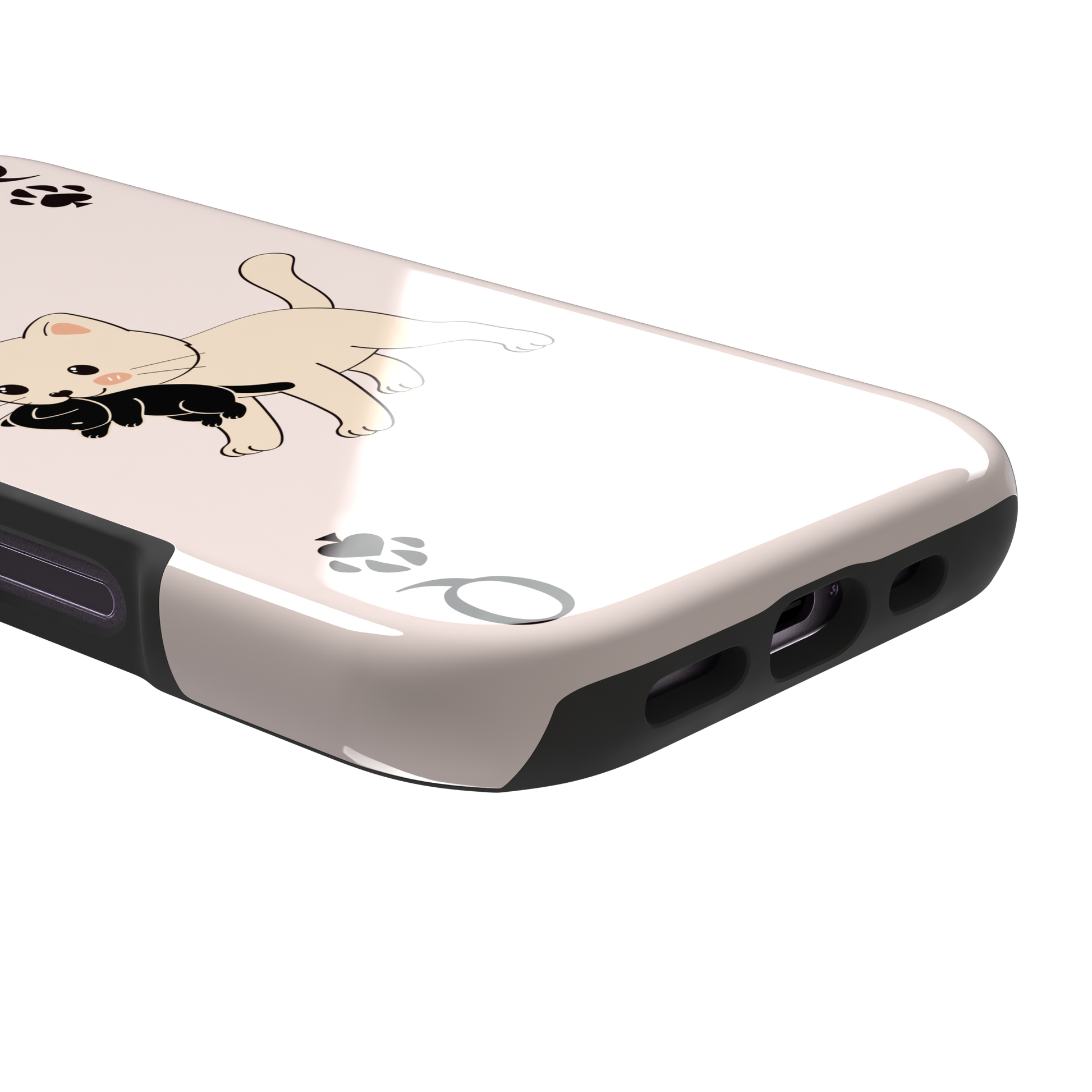 Queen of Spades phone case in blush pink with a cute kitten carrying a black cat and paw print playing card details, phone case by Caselier — tough case, charging port detail
