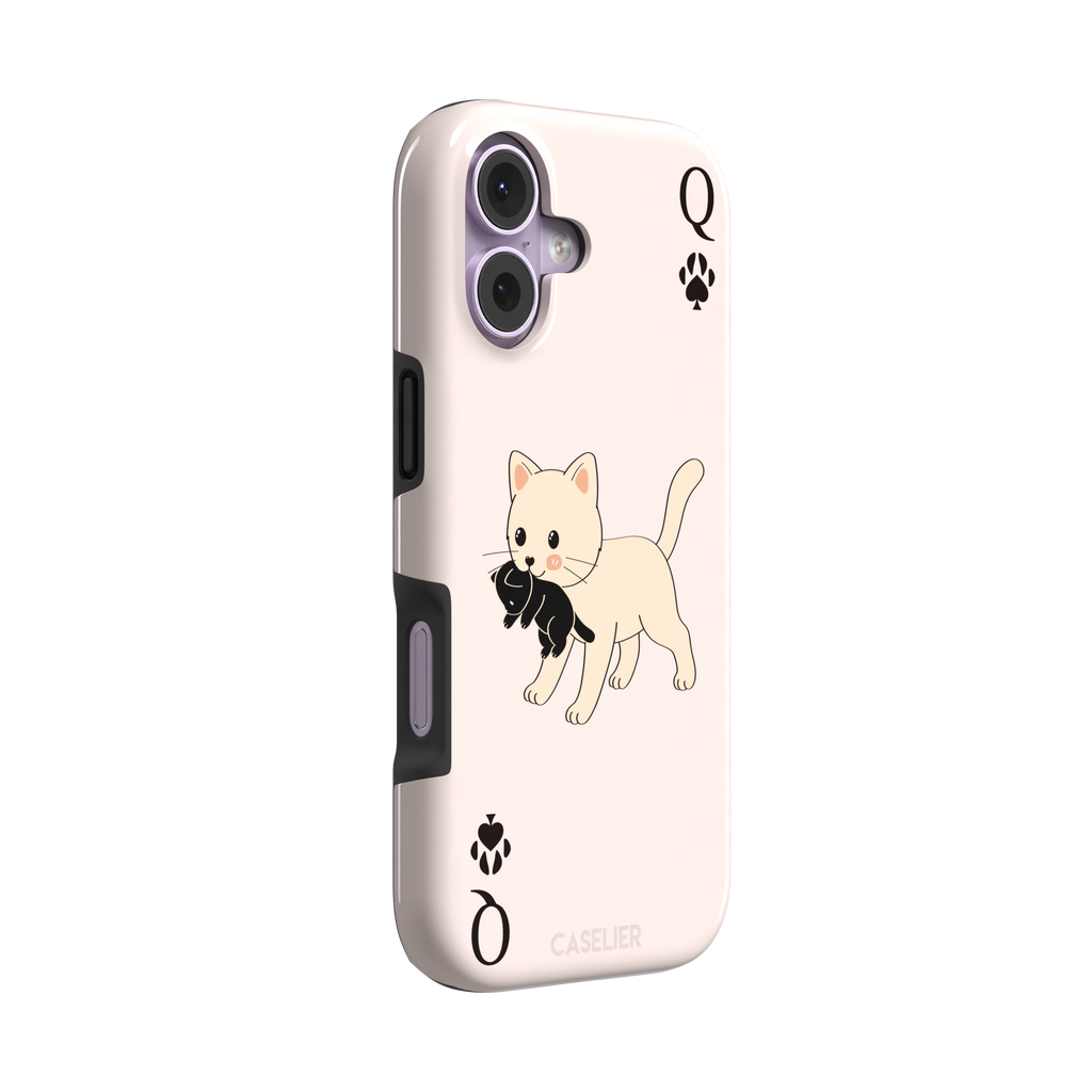 Queen of Spades phone case in blush pink with a cute kitten carrying a black cat and paw print playing card details, phone case by Caselier — tough case, left view