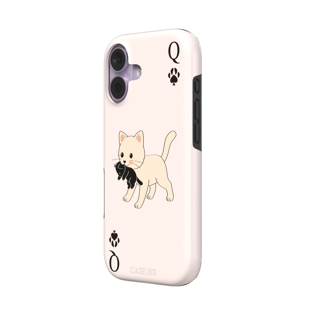 Queen of Spades phone case in blush pink with a cute kitten carrying a black cat and paw print playing card details, phone case by Caselier — tough case, right view