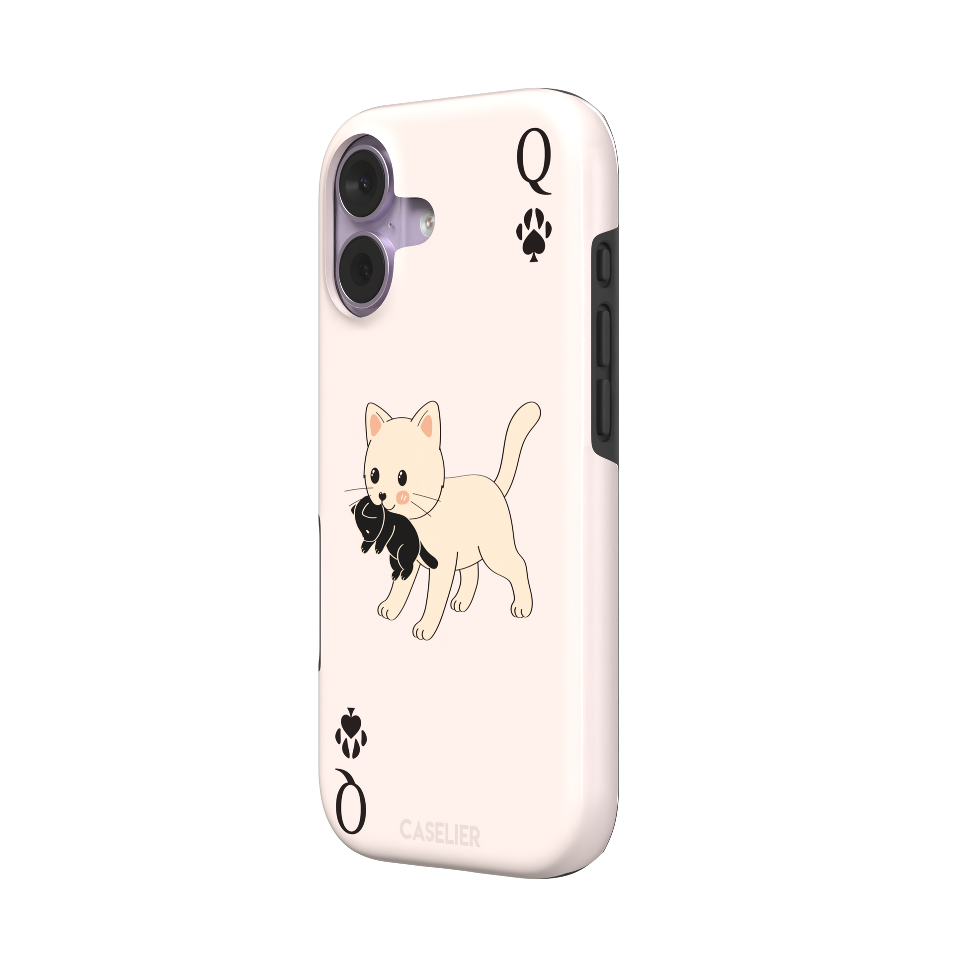 Queen of Spades phone case in blush pink with a cute kitten carrying a black cat and paw print playing card details, phone case by Caselier — tough case, right view