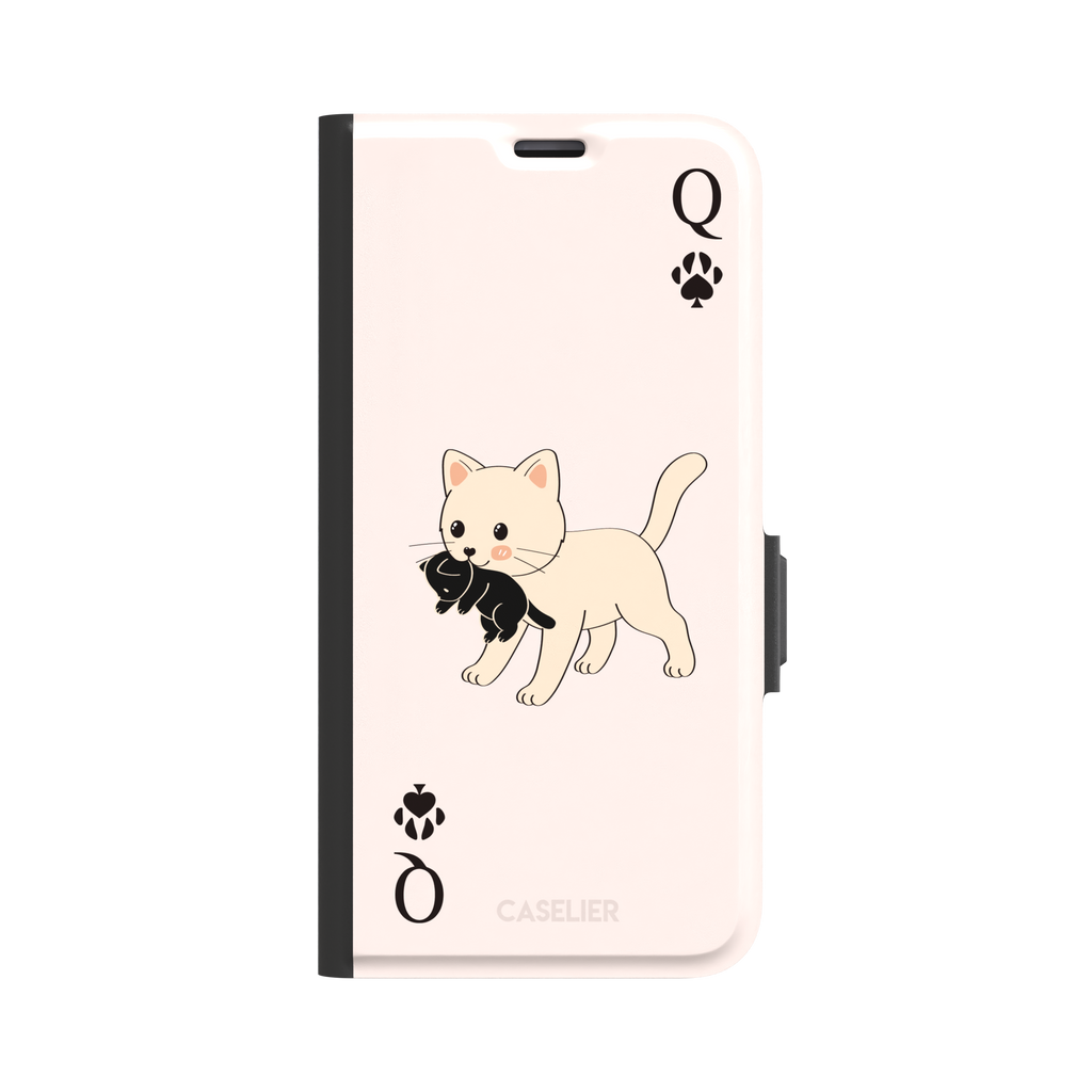 Queen of Spades phone case in blush pink with a cute kitten carrying a black cat and paw print playing card details, phone case by Caselier — wallet case, front view