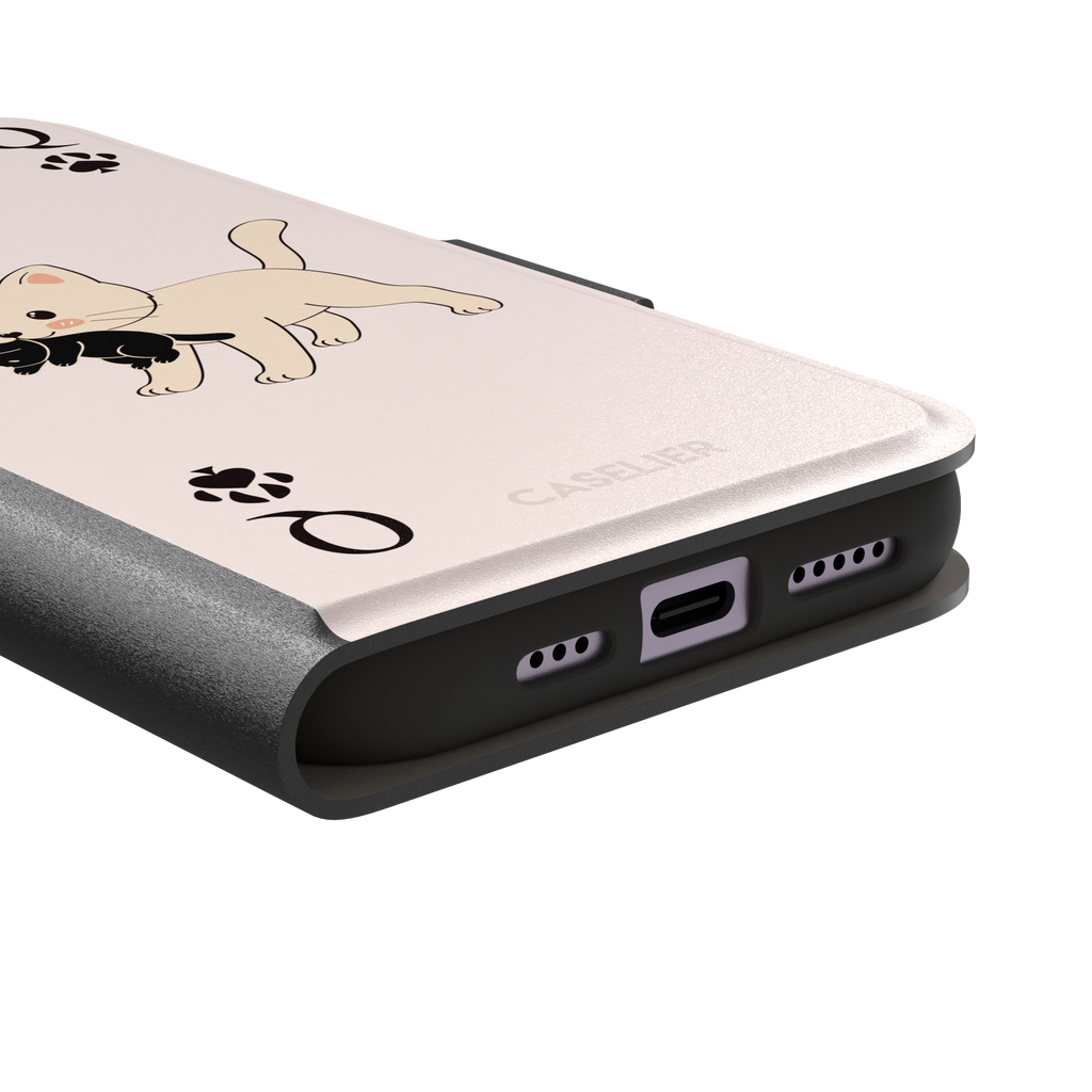 Queen of Spades phone case in blush pink with a cute kitten carrying a black cat and paw print playing card details, phone case by Caselier — wallet case, charging port detail