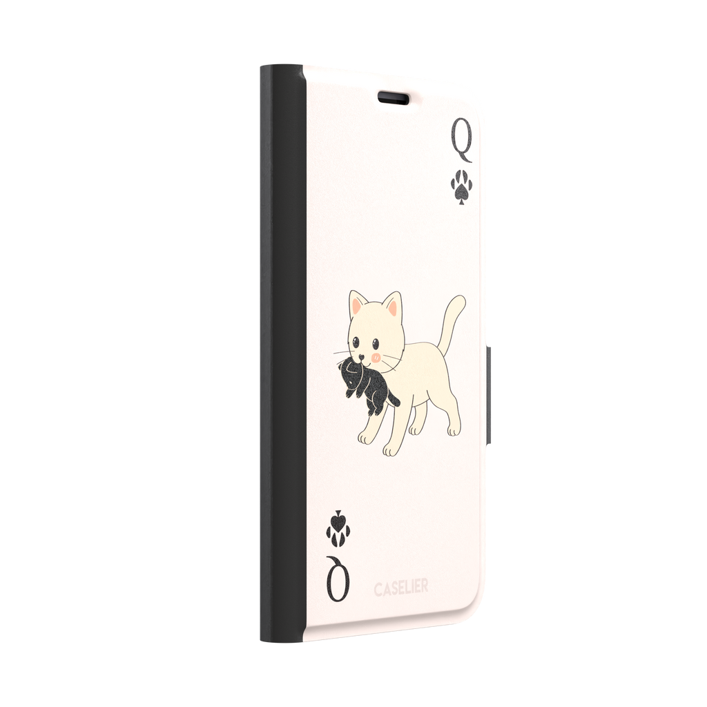 Queen of Spades phone case in blush pink with a cute kitten carrying a black cat and paw print playing card details, phone case by Caselier — wallet case, left view