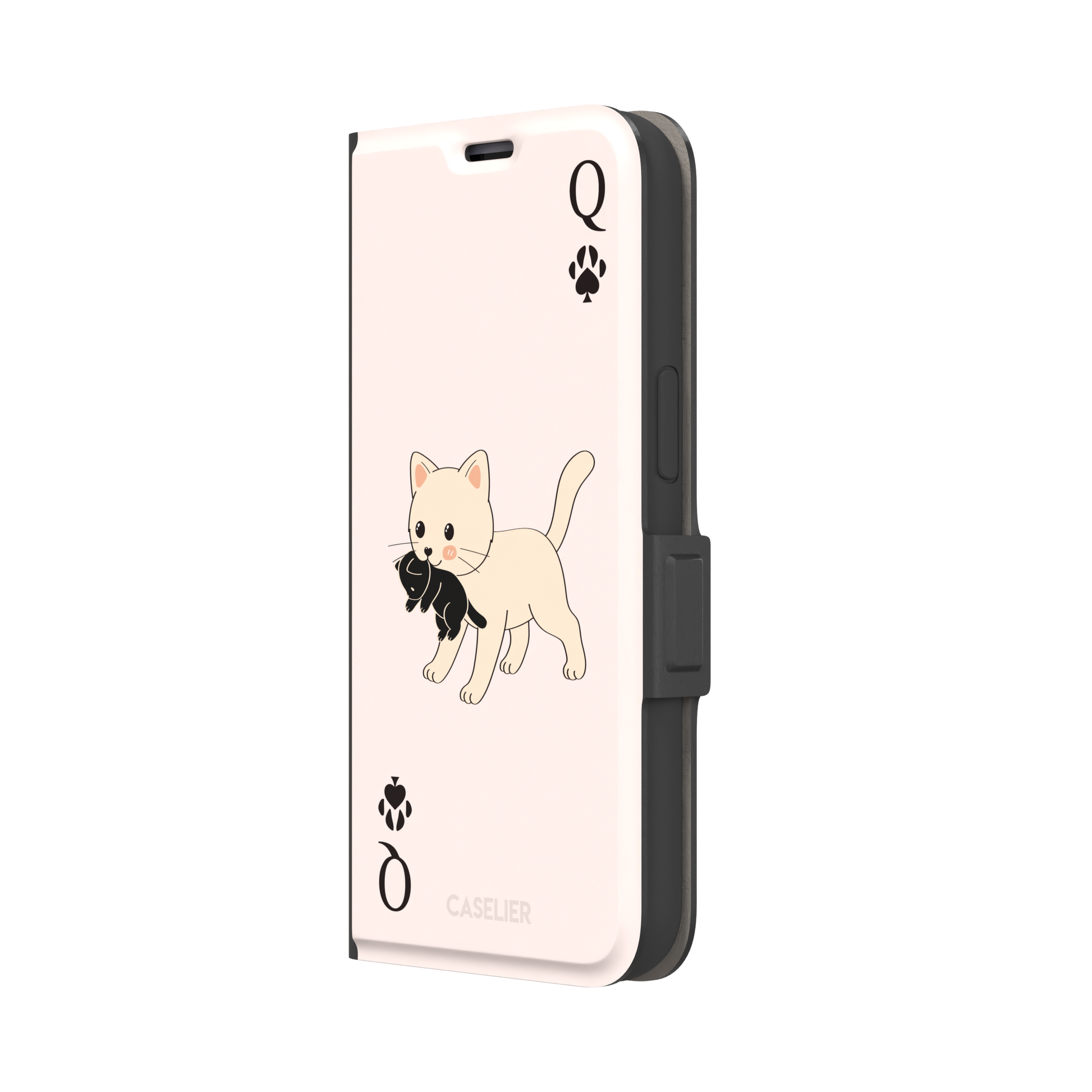 Queen of Spades phone case in blush pink with a cute kitten carrying a black cat and paw print playing card details, phone case by Caselier — wallet case, right view