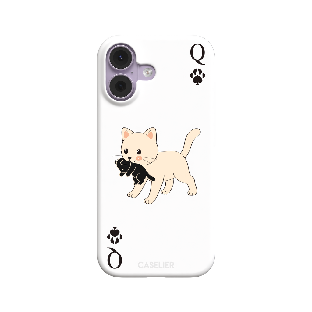 Queen of Spades phone case in white with a cute kitten carrying a black cat and paw print playing card details, phone case by Caselier — snap case, front view