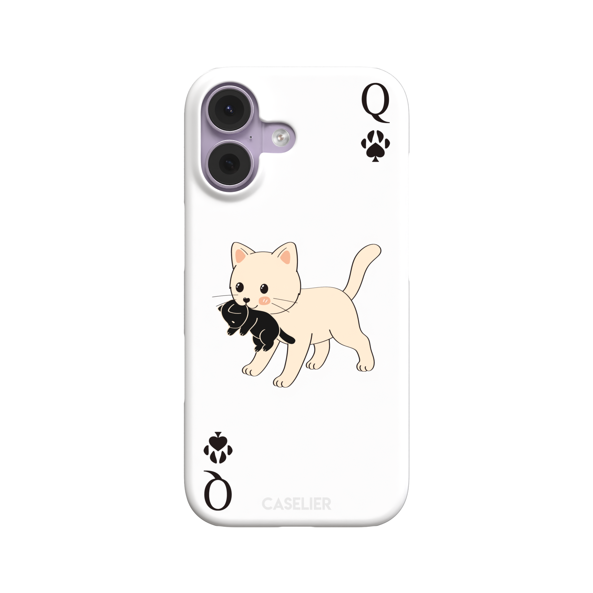 Queen of Spades phone case in white with a cute kitten carrying a black cat and paw print playing card details, phone case by Caselier — snap case, front view