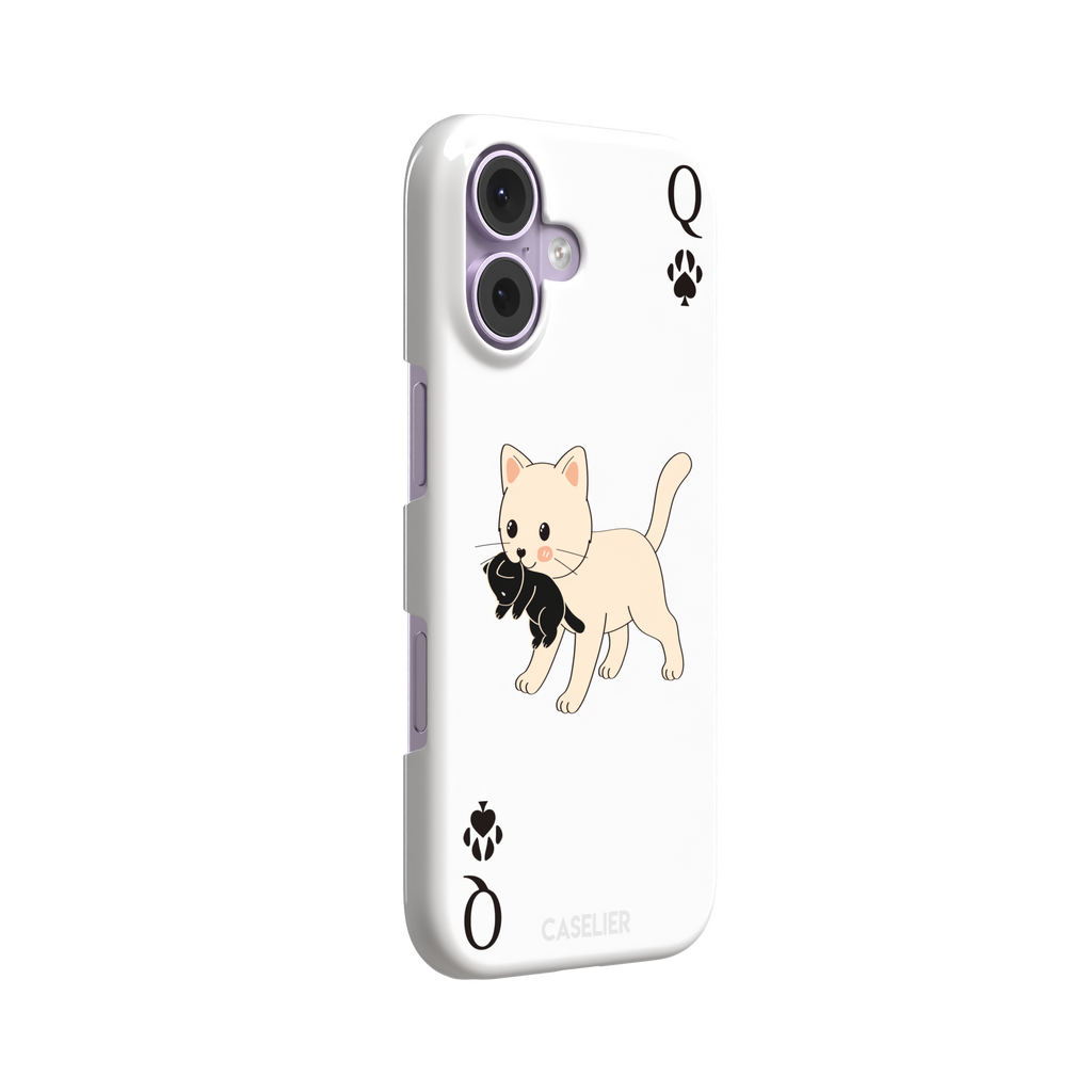 Queen of Spades phone case in white with a cute kitten carrying a black cat and paw print playing card details, phone case by Caselier — snap case, left view