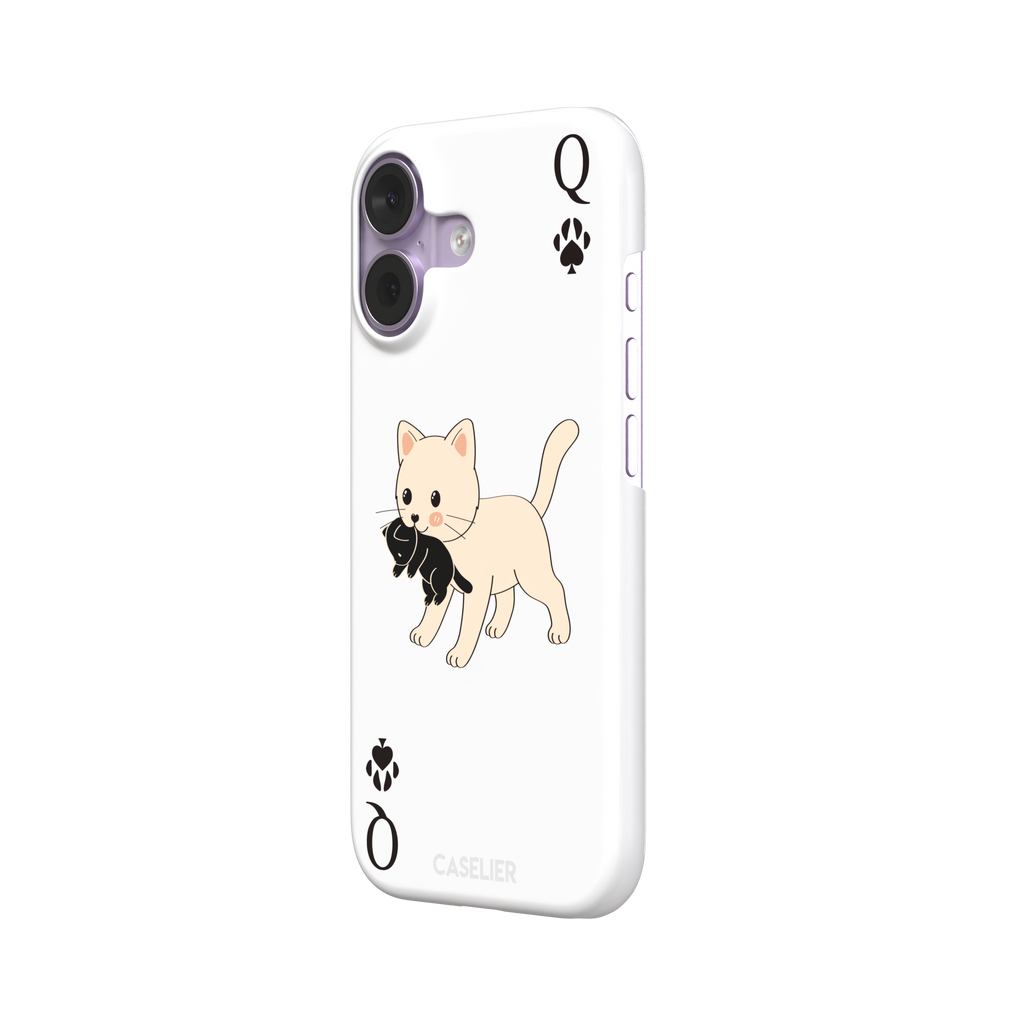 Queen of Spades phone case in white with a cute kitten carrying a black cat and paw print playing card details, phone case by Caselier — snap case, right view