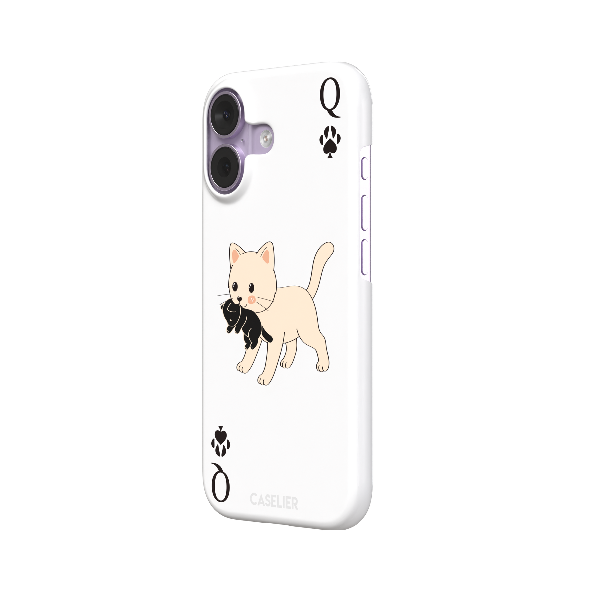 Queen of Spades phone case in white with a cute kitten carrying a black cat and paw print playing card details, phone case by Caselier — snap case, right view