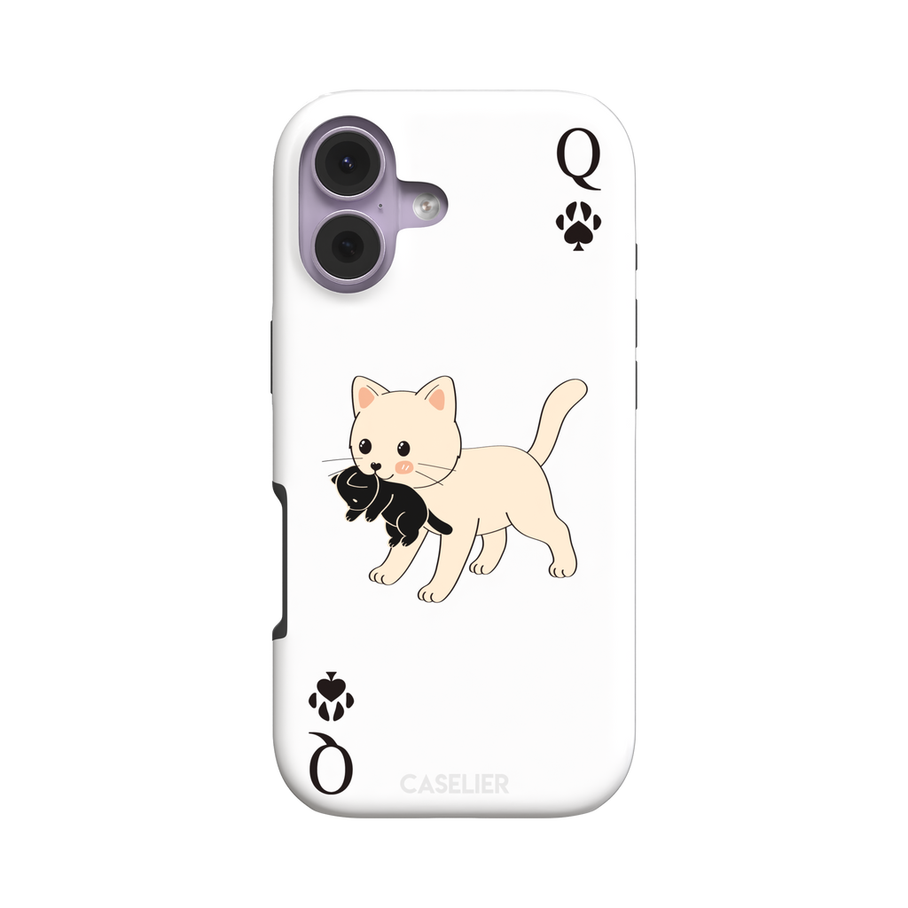Queen of Spades phone case in white with a cute kitten carrying a black cat and paw print playing card details, phone case by Caselier — tough case, front view