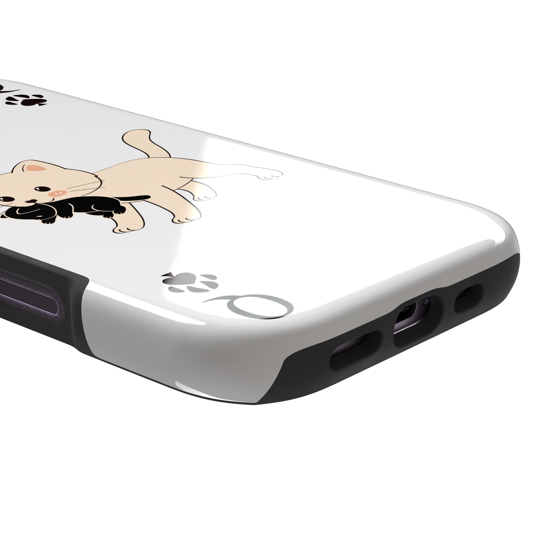 Queen of Spades phone case in white with a cute kitten carrying a black cat and paw print playing card details, phone case by Caselier — tough case, charging port detail