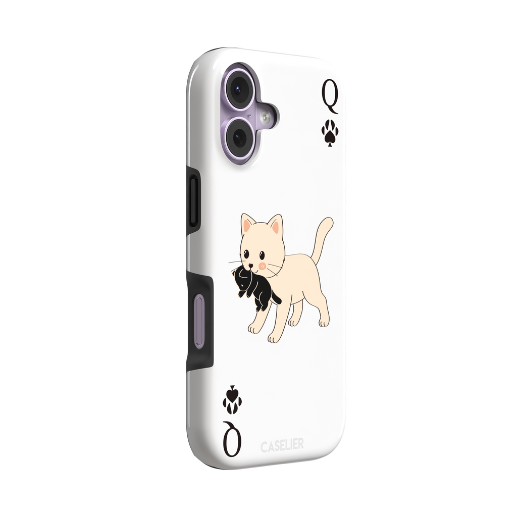 Queen of Spades phone case in white with a cute kitten carrying a black cat and paw print playing card details, phone case by Caselier — tough case, left view