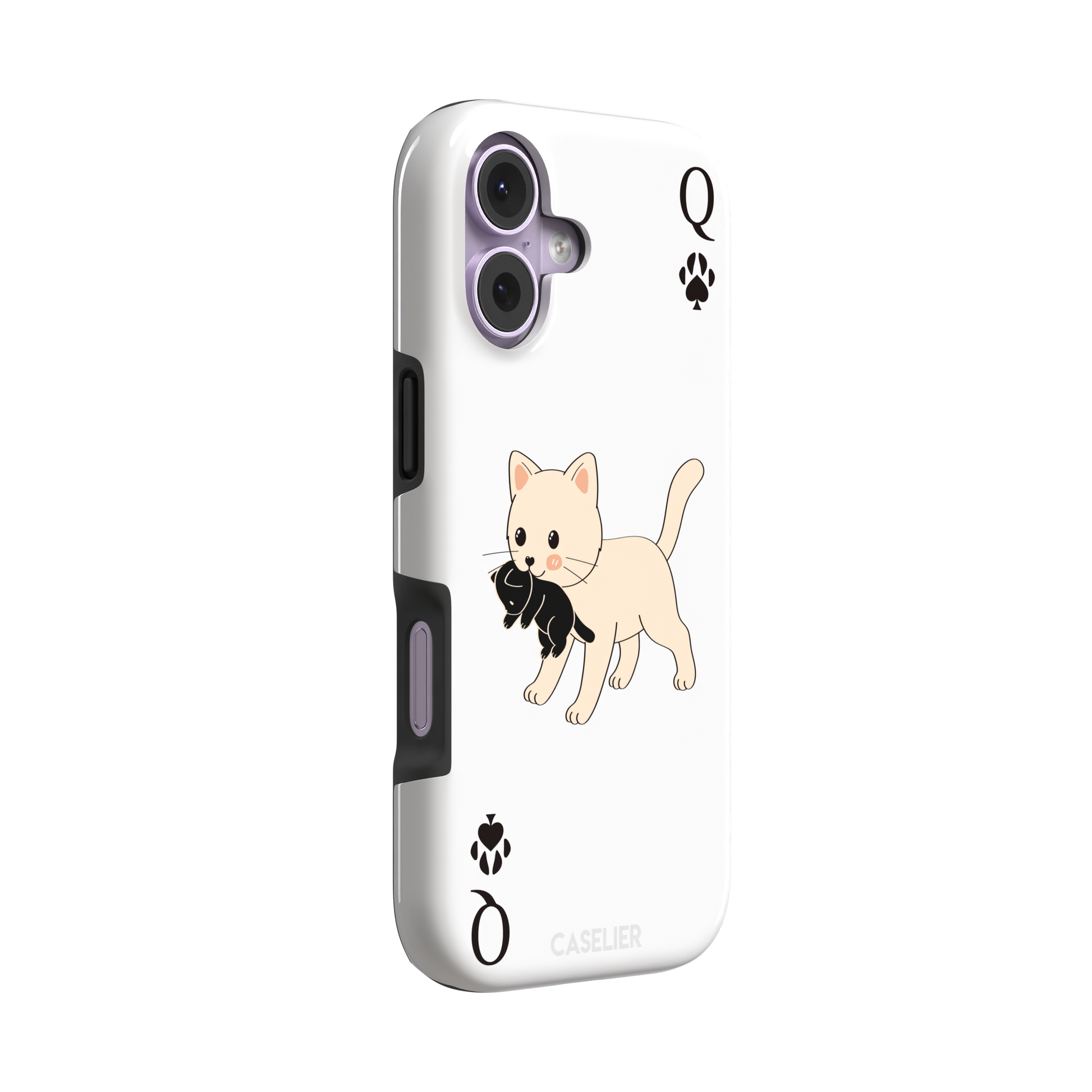 Queen of Spades phone case in white with a cute kitten carrying a black cat and paw print playing card details, phone case by Caselier — tough case, left view
