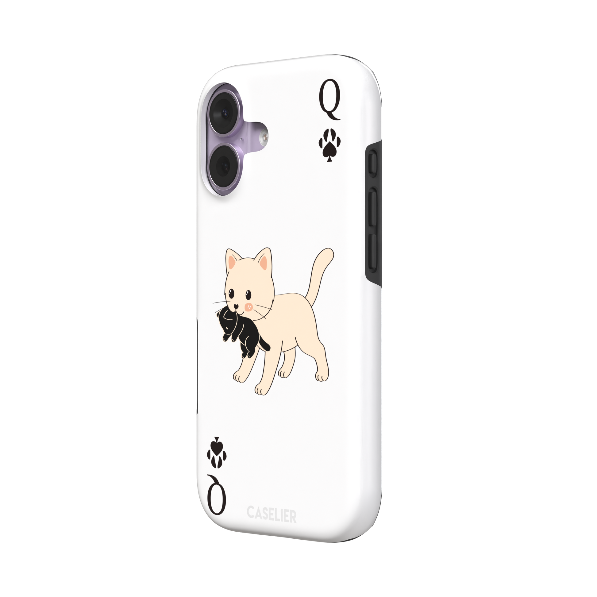 Queen of Spades phone case in white with a cute kitten carrying a black cat and paw print playing card details, phone case by Caselier — tough case, right view