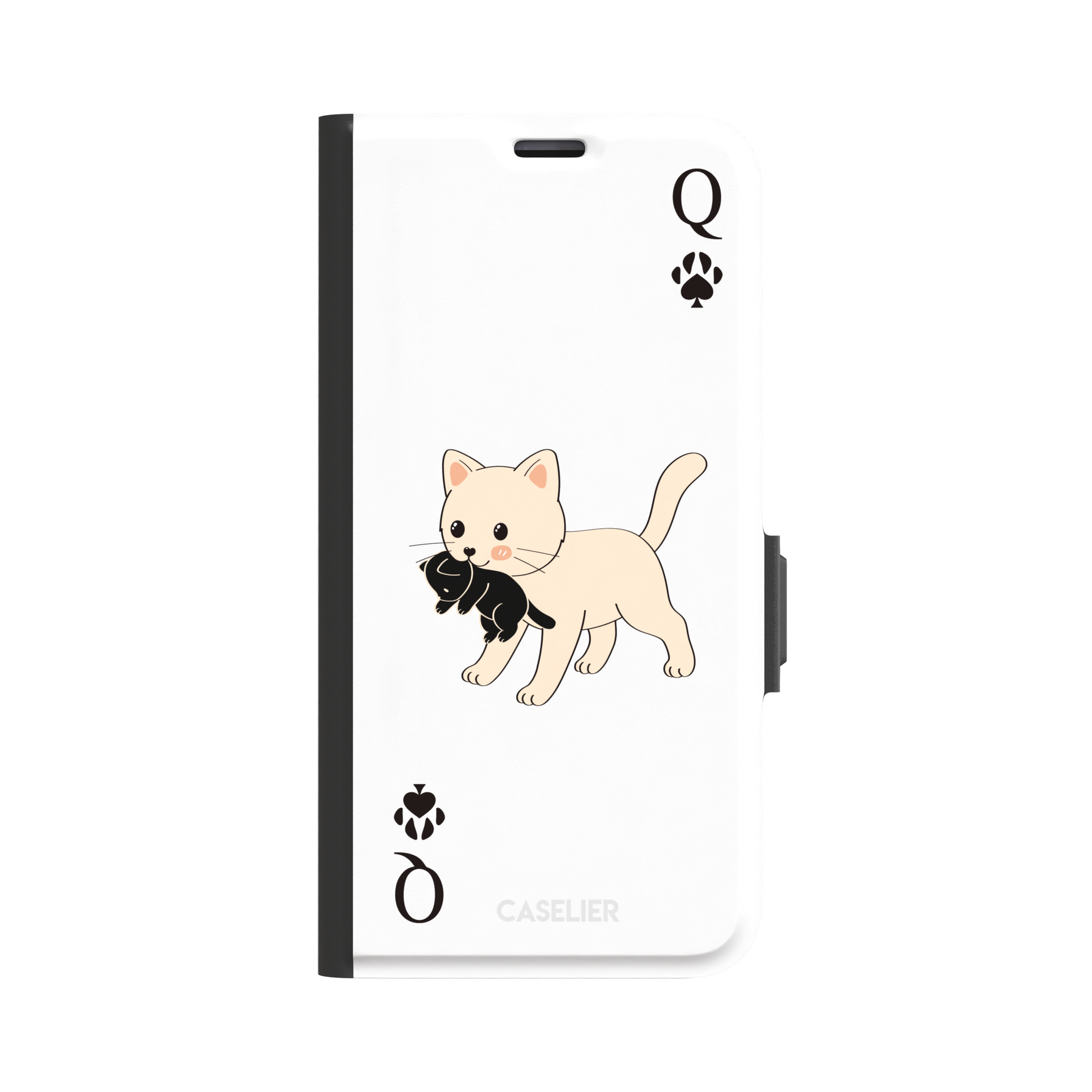 Queen of Spades phone case in white with a cute kitten carrying a black cat and paw print playing card details, phone case by Caselier — wallet case, front view