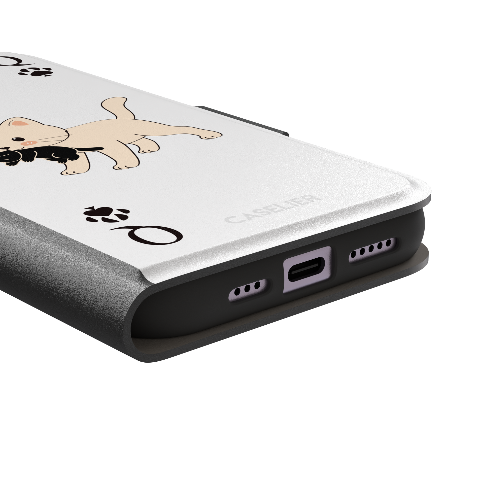 Queen of Spades phone case in white with a cute kitten carrying a black cat and paw print playing card details, phone case by Caselier — wallet case, charging port detail