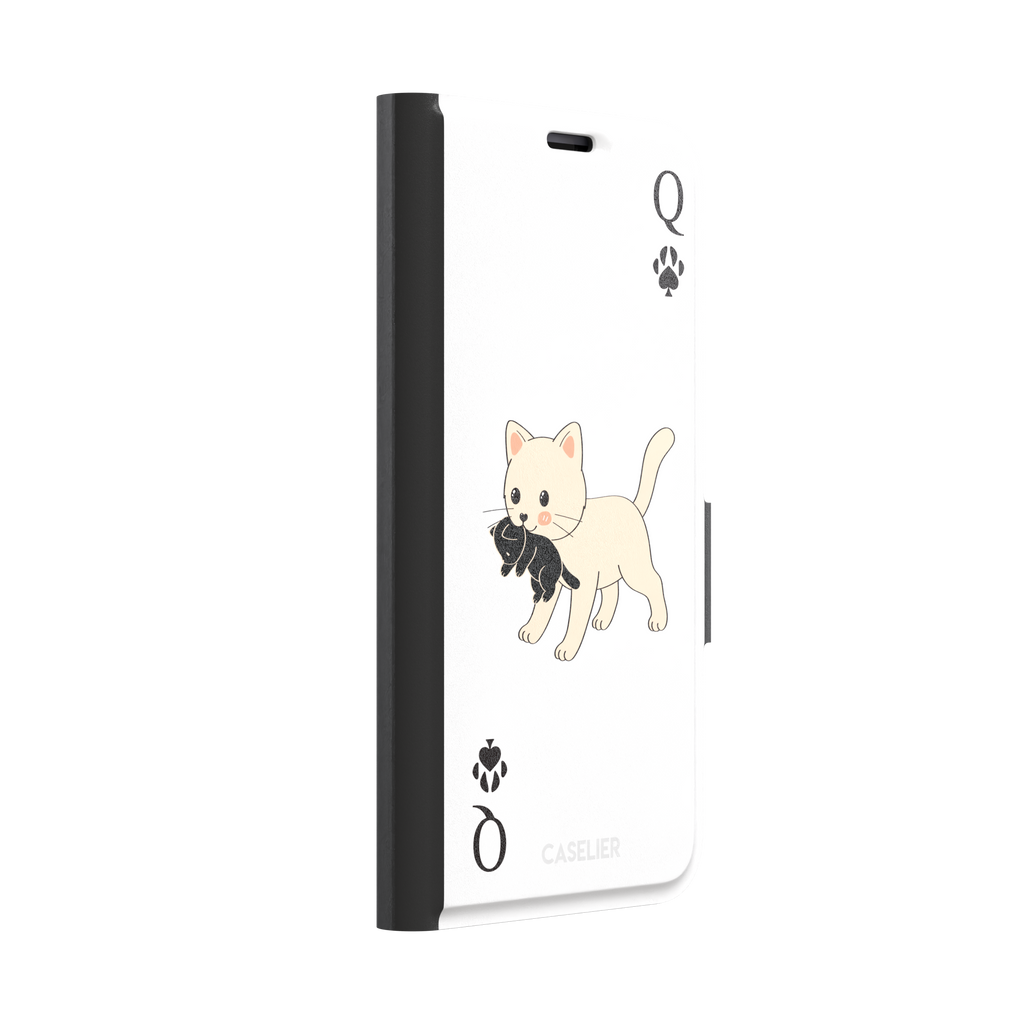 Queen of Spades phone case in white with a cute kitten carrying a black cat and paw print playing card details, phone case by Caselier — wallet case, left view