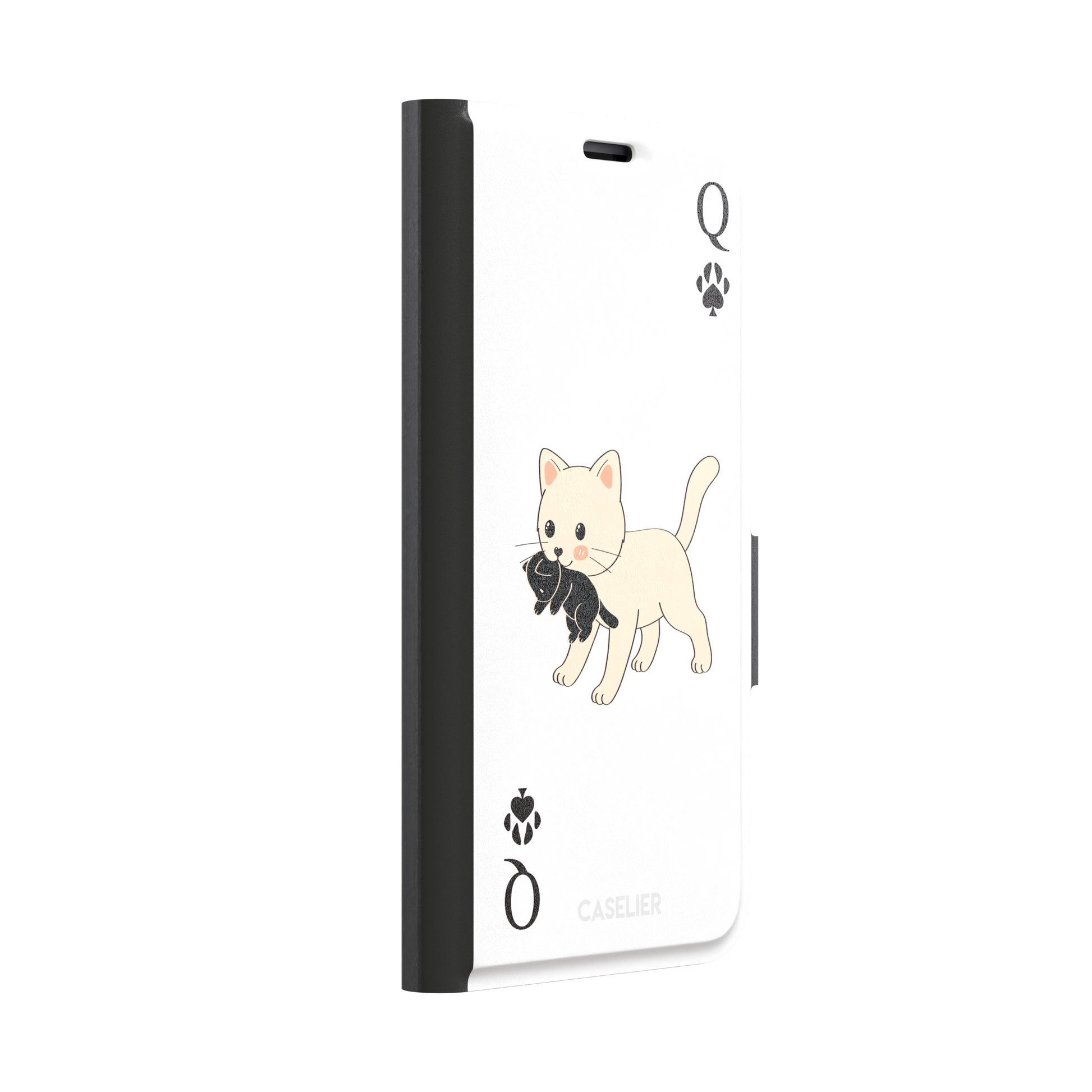 Queen of Spades phone case in white with a cute kitten carrying a black cat and paw print playing card details, phone case by Caselier — wallet case, left view