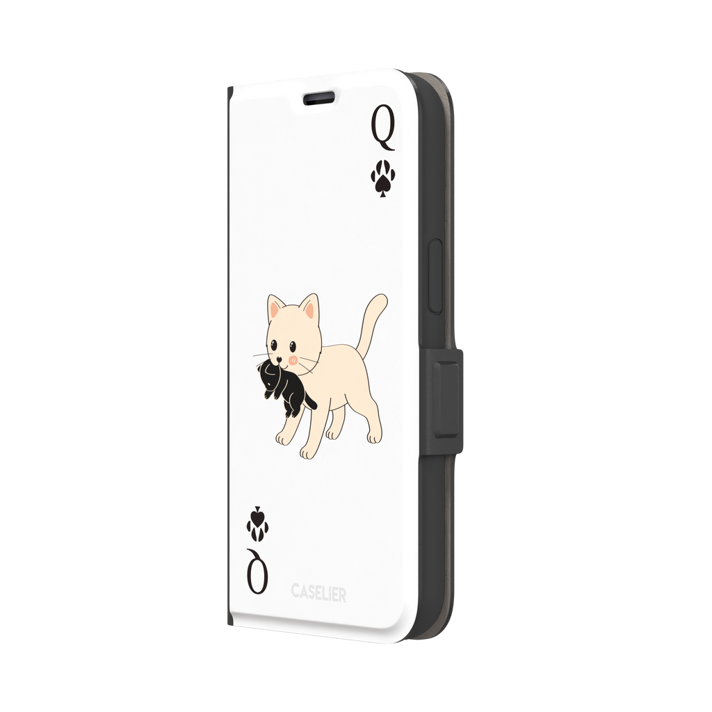 Queen of Spades phone case in white with a cute kitten carrying a black cat and paw print playing card details, phone case by Caselier — wallet case, right view