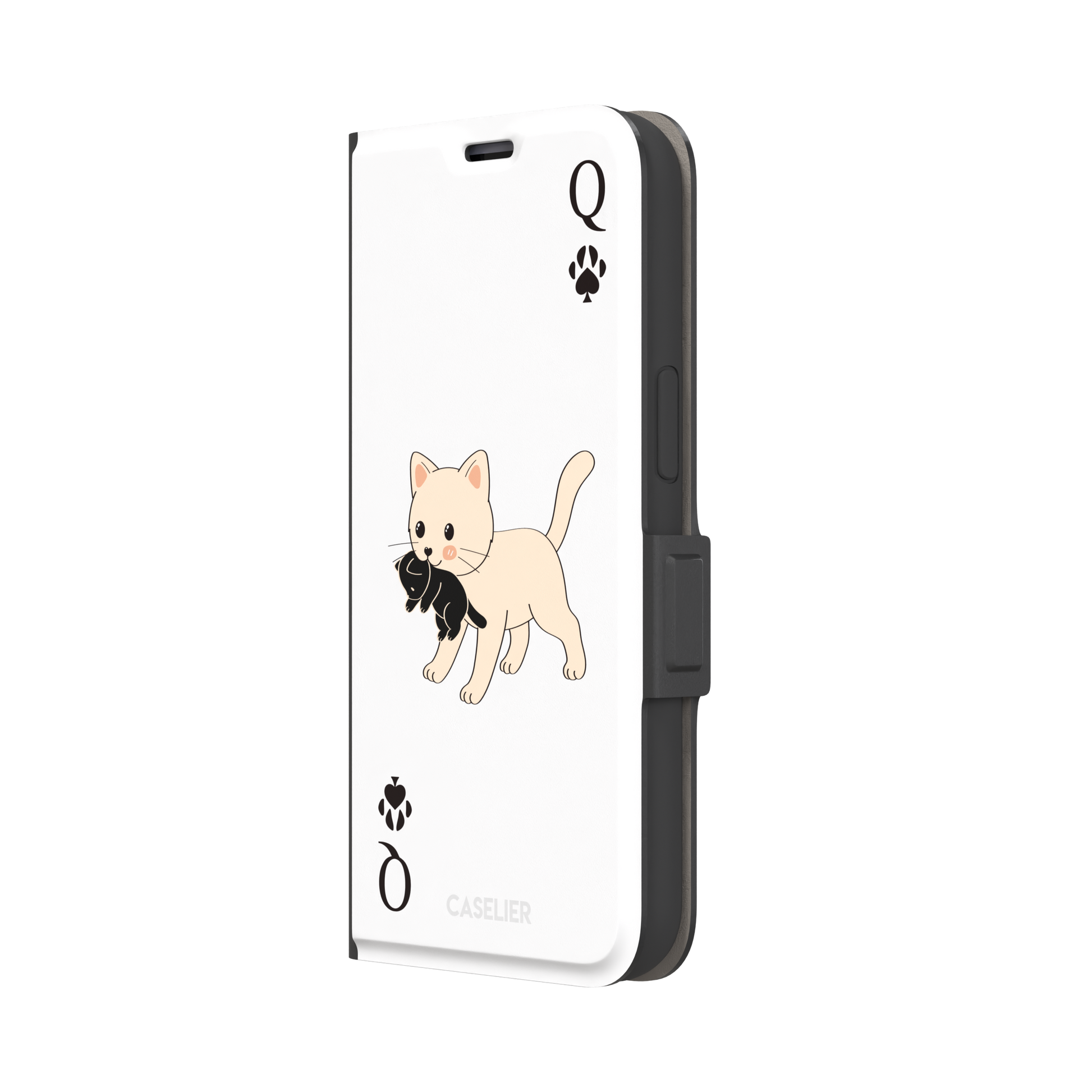 Queen of Spades phone case in white with a cute kitten carrying a black cat and paw print playing card details, phone case by Caselier — wallet case, right view