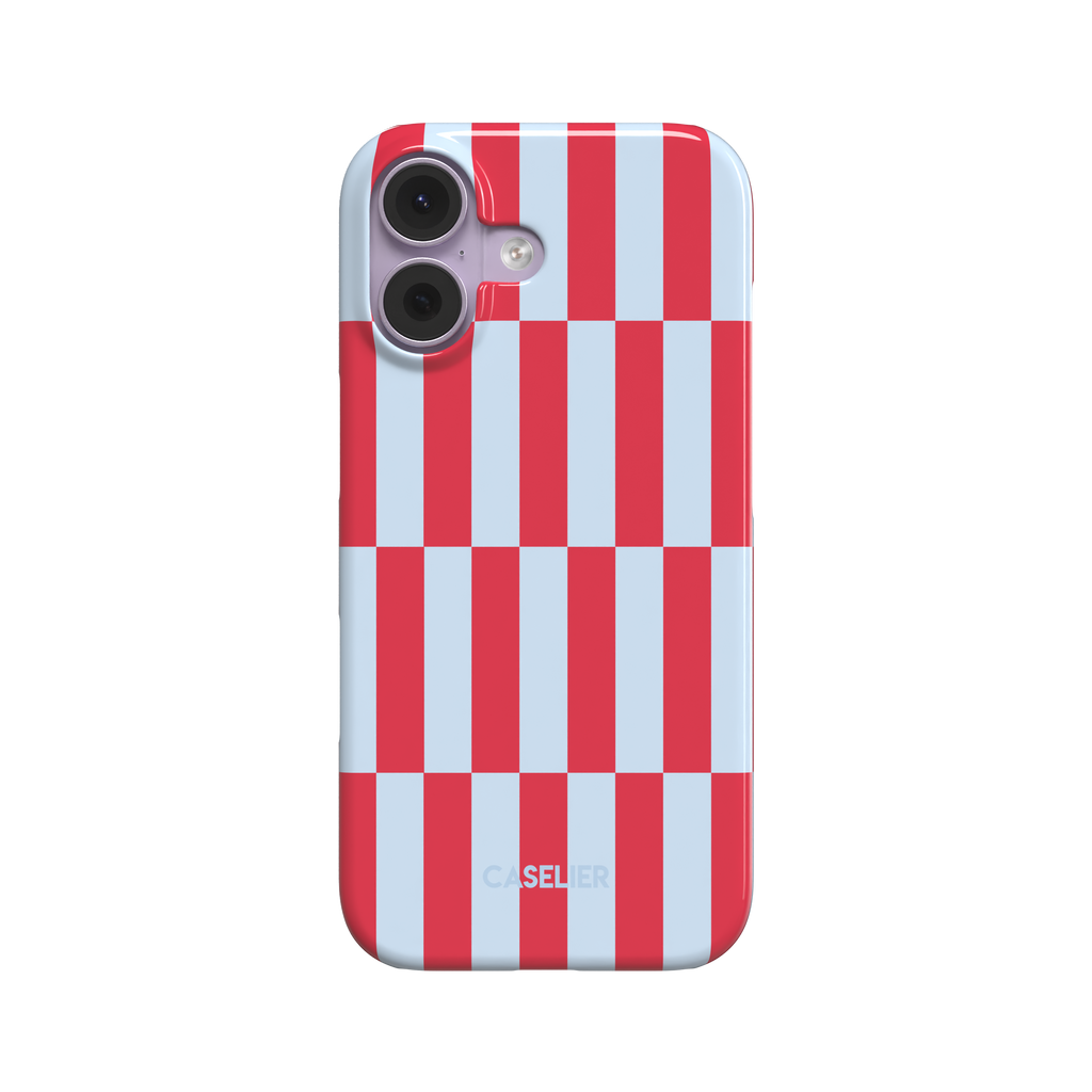 Rectangles phone case in red and pale blue vertical checker pattern, front view, white background, phone case by Caselier - snap case, front view | Caselier