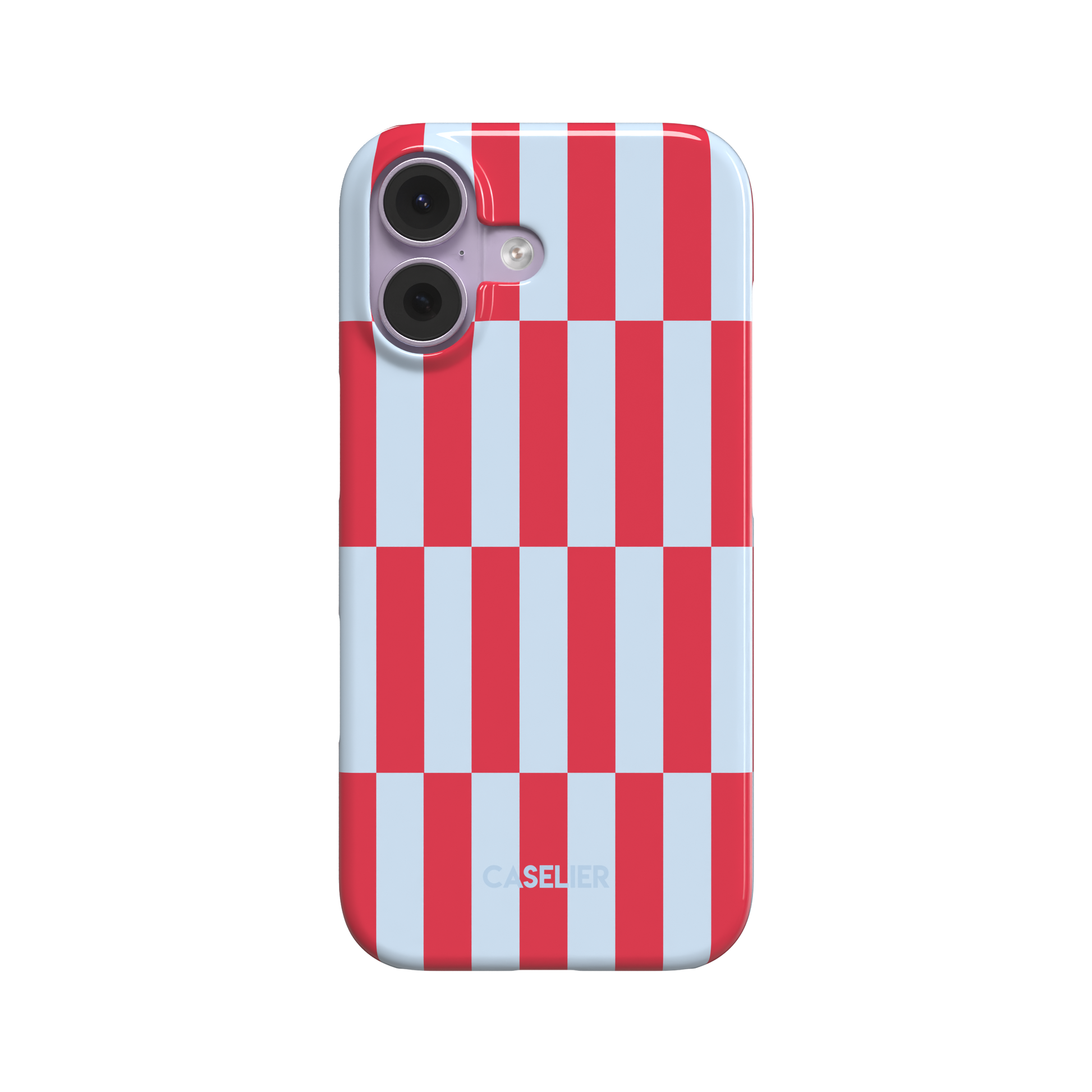 Rectangles phone case in red and pale blue vertical checker pattern, front view, white background, phone case by Caselier - snap case, front view | Caselier