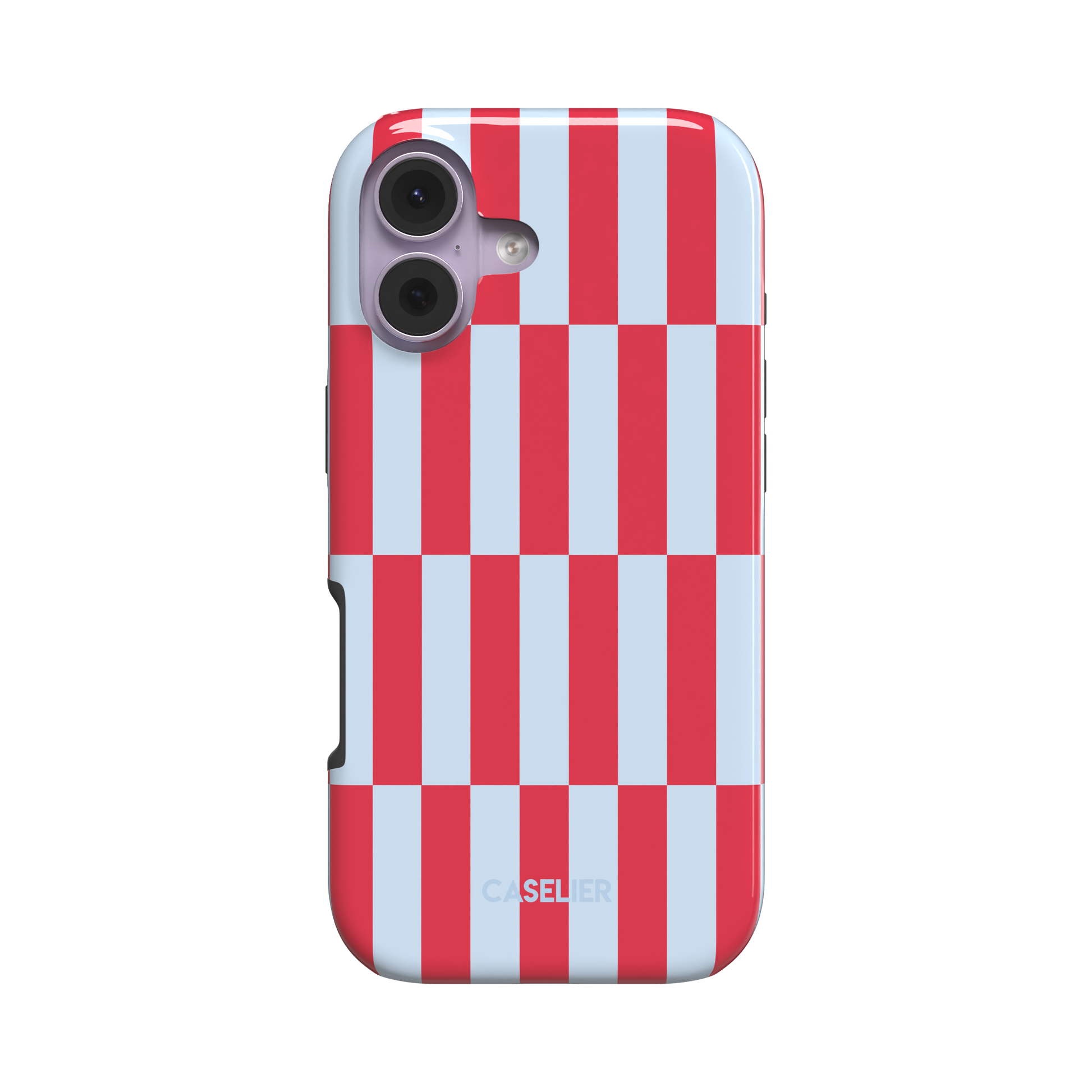 Rectangles phone case in red and pale blue vertical checker pattern, angled side view showing case edges, white background, phone case by Caselier - tough case, front view | Caselier