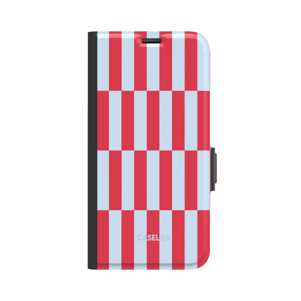 Rectangles folio wallet case in red and pale blue vertical checker pattern, front cover view with black spine and magnetic clasp, white background, phone case by Caselier - wallet case, front view | Caselier