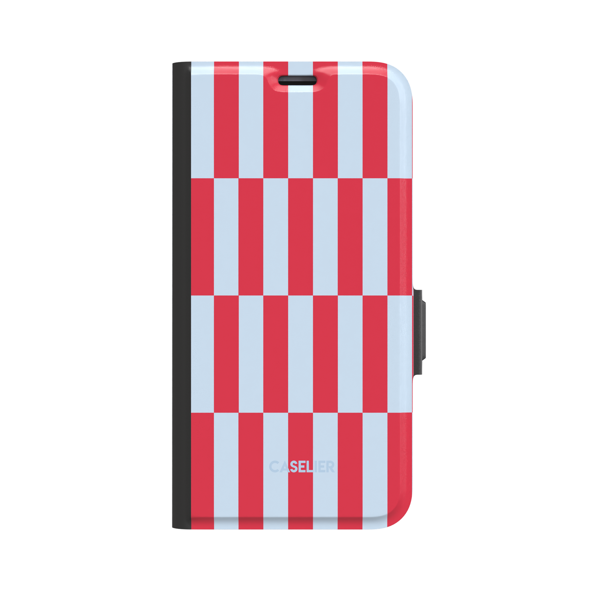 Rectangles folio wallet case in red and pale blue vertical checker pattern, front cover view with black spine and magnetic clasp, white background, phone case by Caselier - wallet case, front view | Caselier