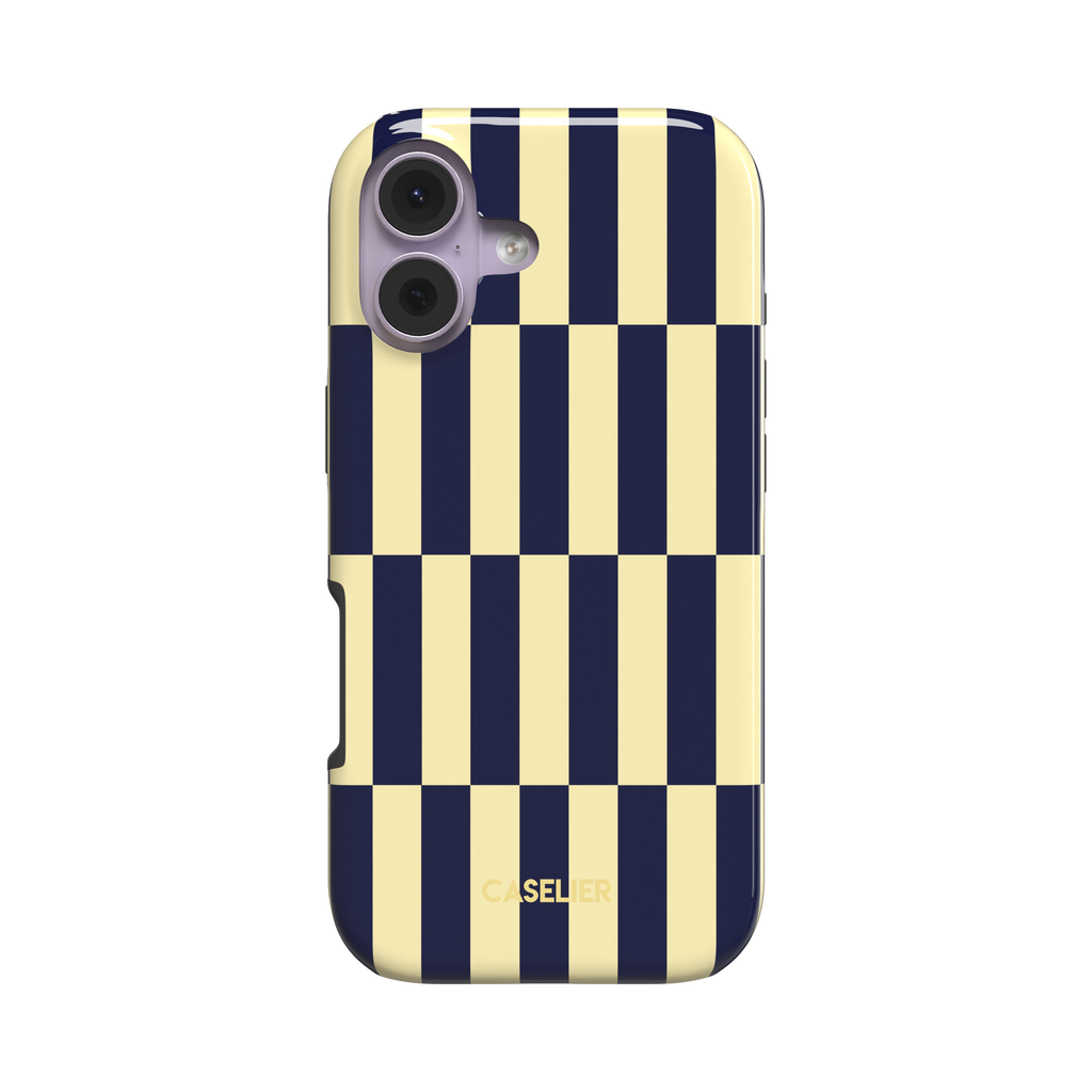 Rectangles phone case in navy and cream vertical checker pattern, angled side view showing case edges, white background, phone case by Caselier - tough case, front view | Caselier