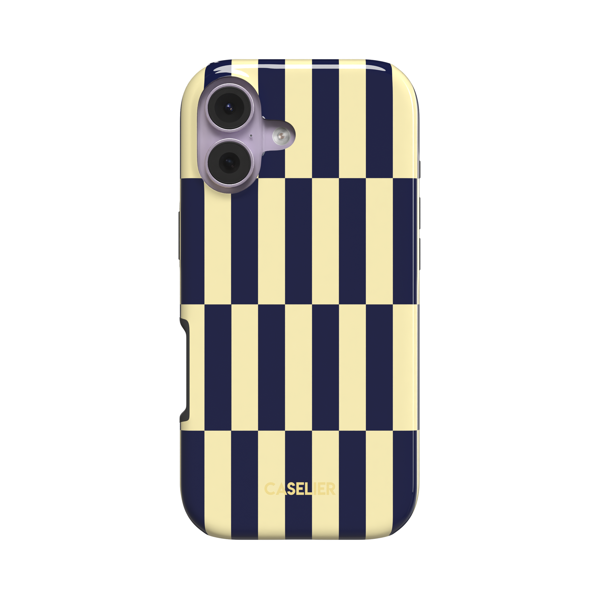 Rectangles phone case in navy and cream vertical checker pattern, angled side view showing case edges, white background, phone case by Caselier - tough case, front view | Caselier