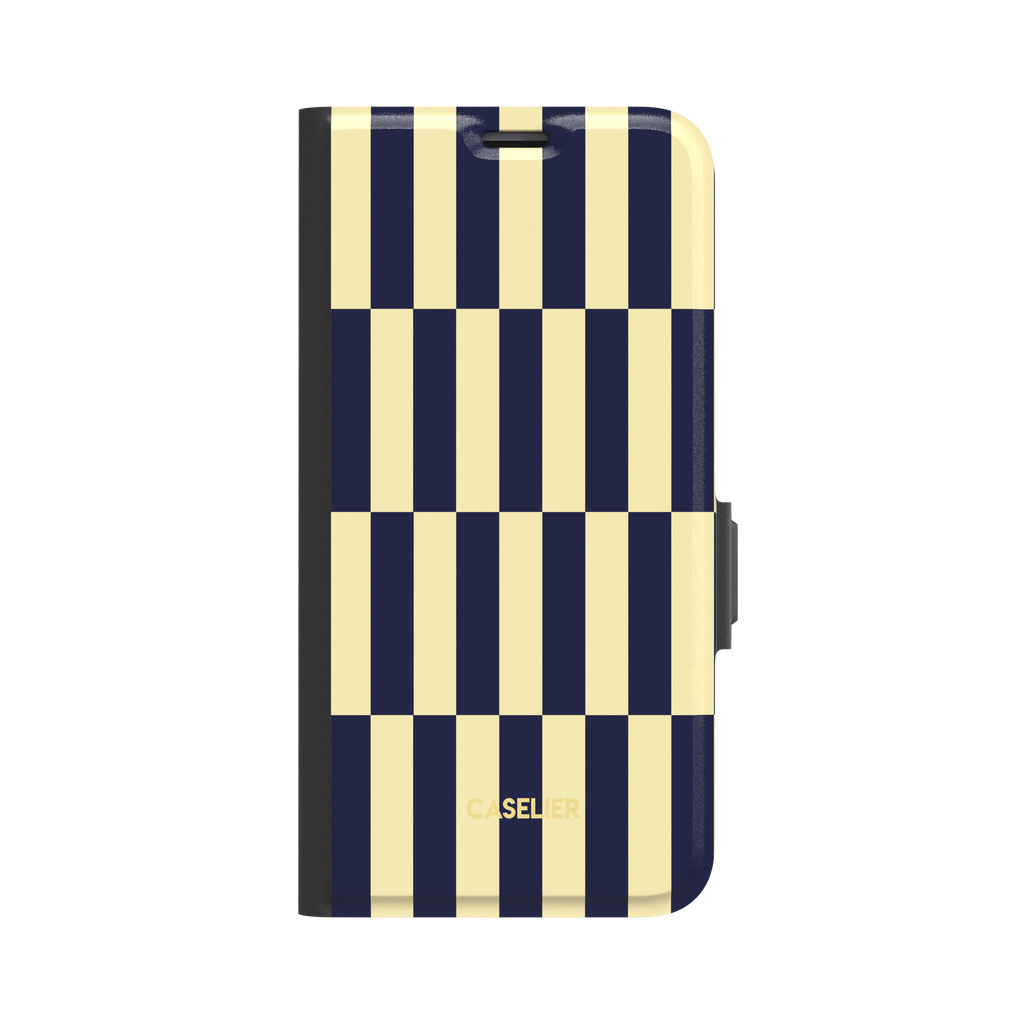 Rectangles folio wallet case in navy and cream vertical checker pattern, front cover view with black spine and magnetic clasp, white background, phone case by Caselier - wallet case, front view | Caselier