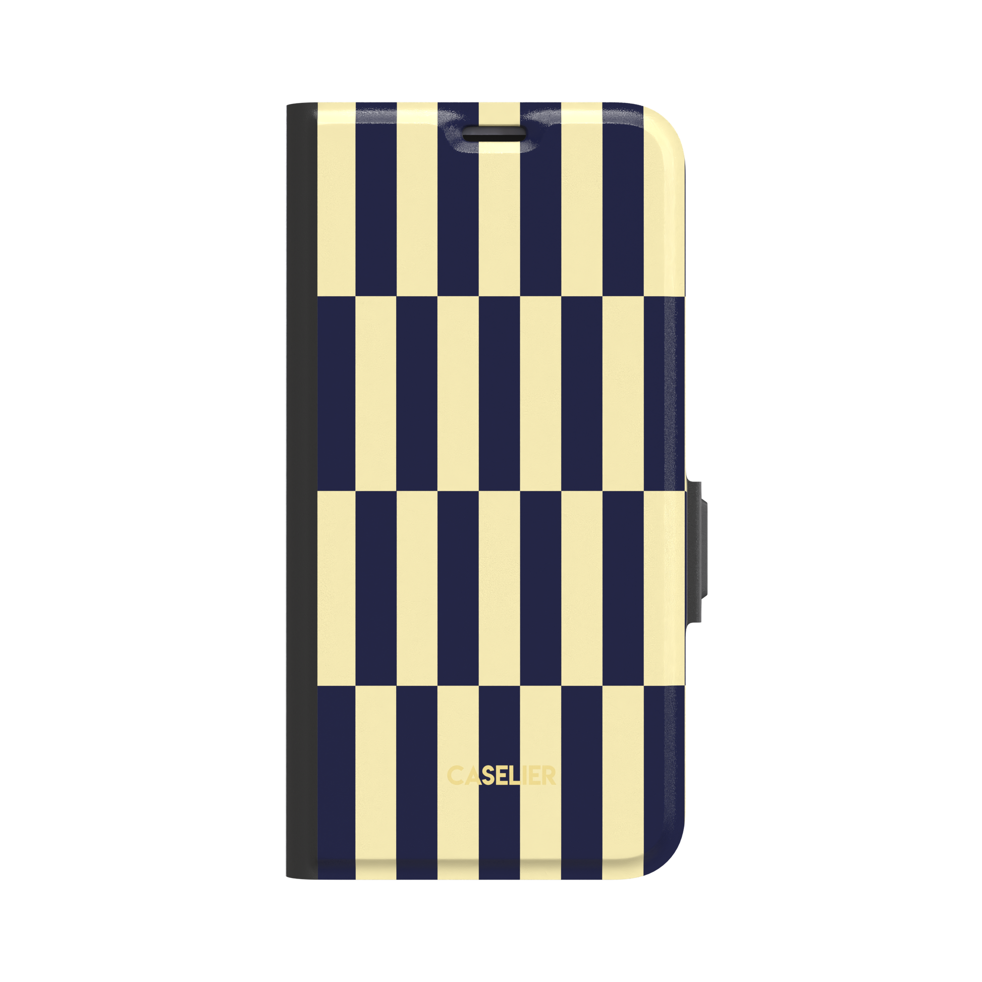 Rectangles folio wallet case in navy and cream vertical checker pattern, front cover view with black spine and magnetic clasp, white background, phone case by Caselier - wallet case, front view | Caselier