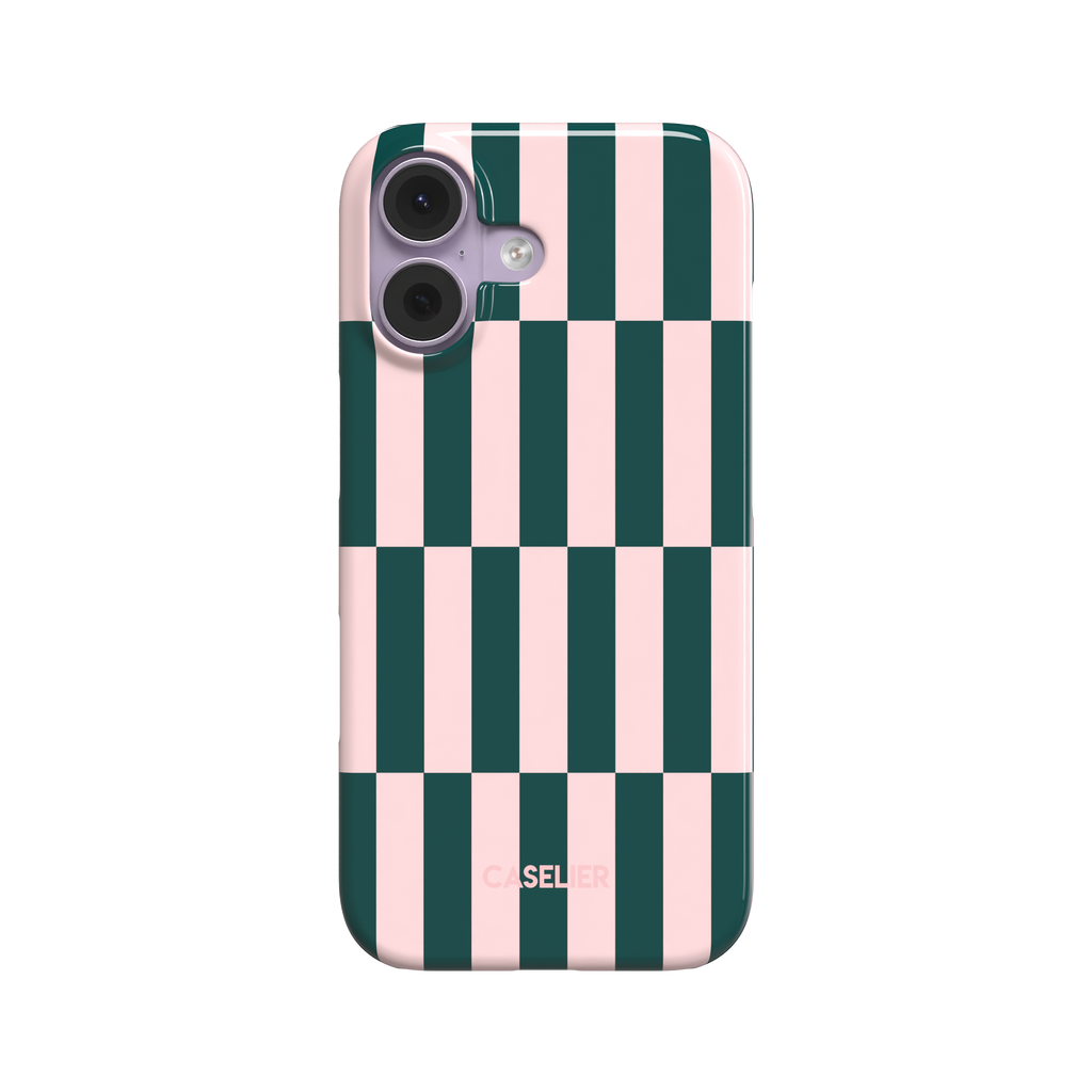 Rectangles phone case in forest green and blush pink vertical checker pattern, front view, white background, phone case by Caselier - snap case, front view | Caselier