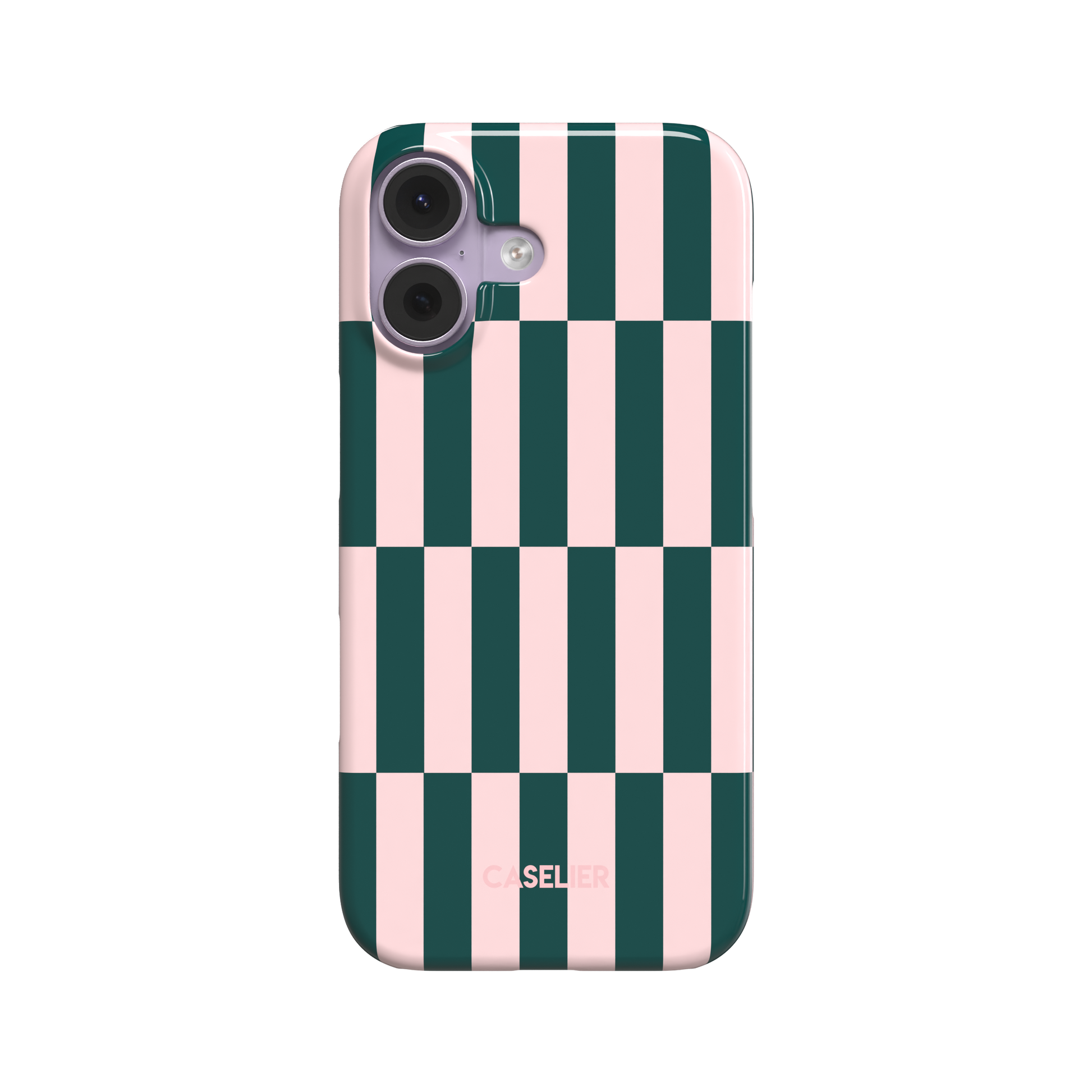 Rectangles phone case in forest green and blush pink vertical checker pattern, front view, white background, phone case by Caselier - snap case, front view | Caselier