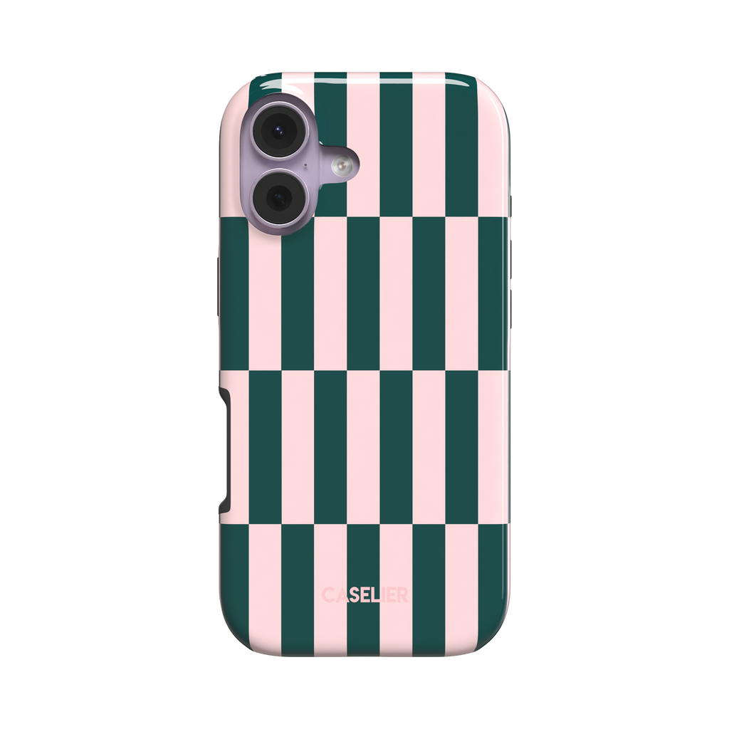 Rectangles phone case in forest green and blush pink vertical checker pattern, angled side view showing case edges, white background, phone case by Caselier - tough case, front view | Caselier