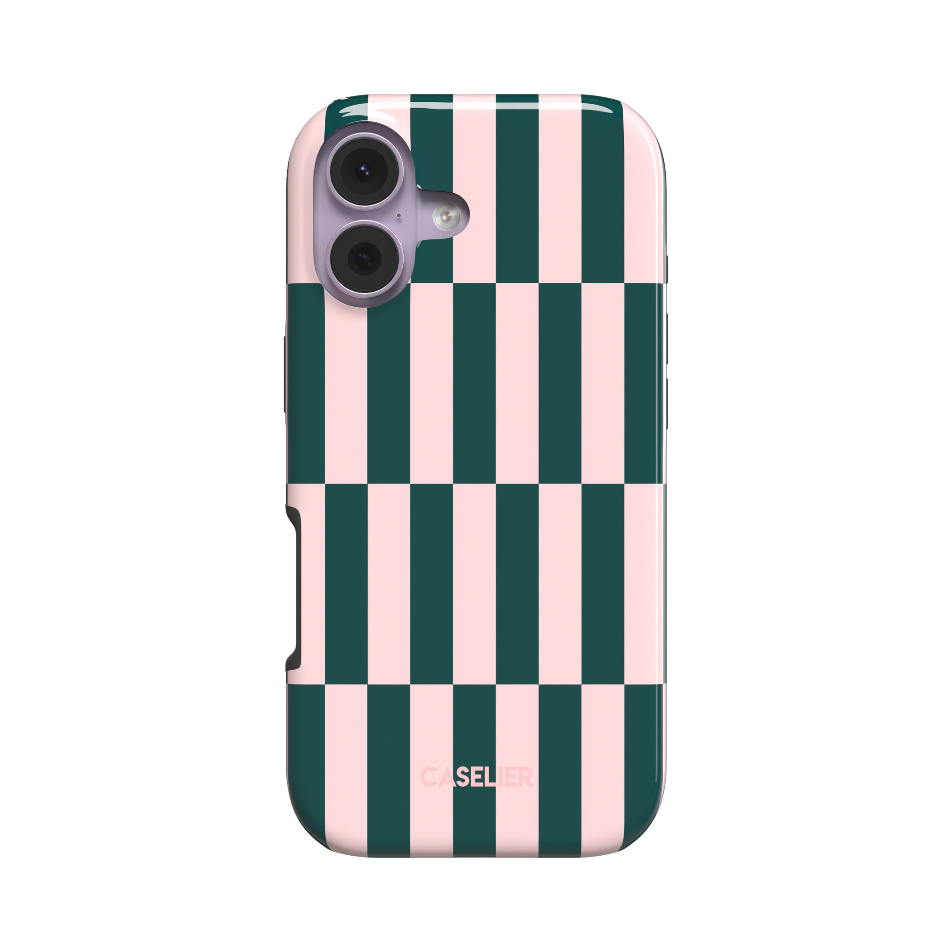 Rectangles phone case in forest green and blush pink vertical checker pattern, angled side view showing case edges, white background, phone case by Caselier - tough case, front view | Caselier