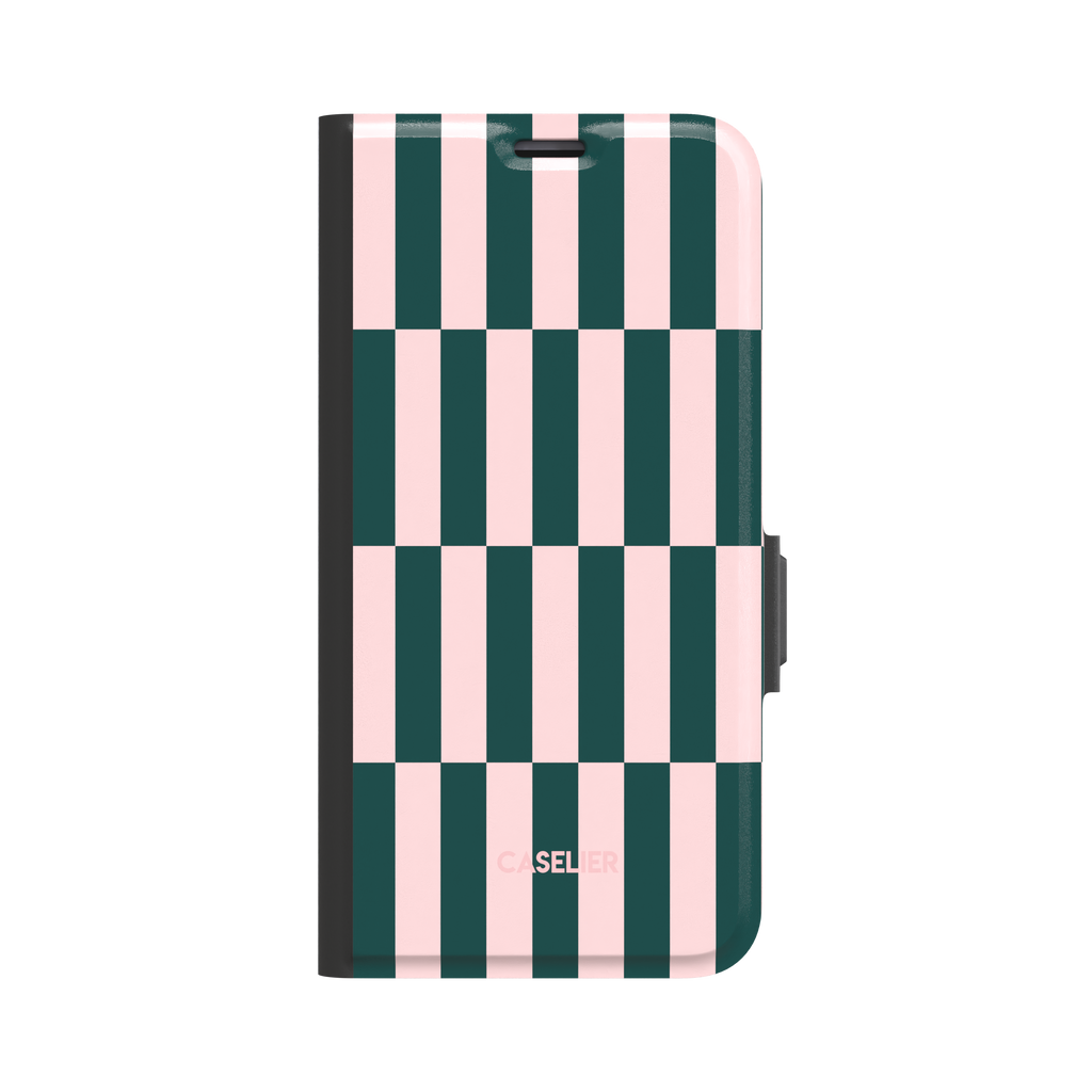Rectangles folio wallet case in forest green and blush pink vertical checker pattern, front cover view with dark spine and magnetic clasp, white background, phone case by Caselier - wallet case, front view | Caselier