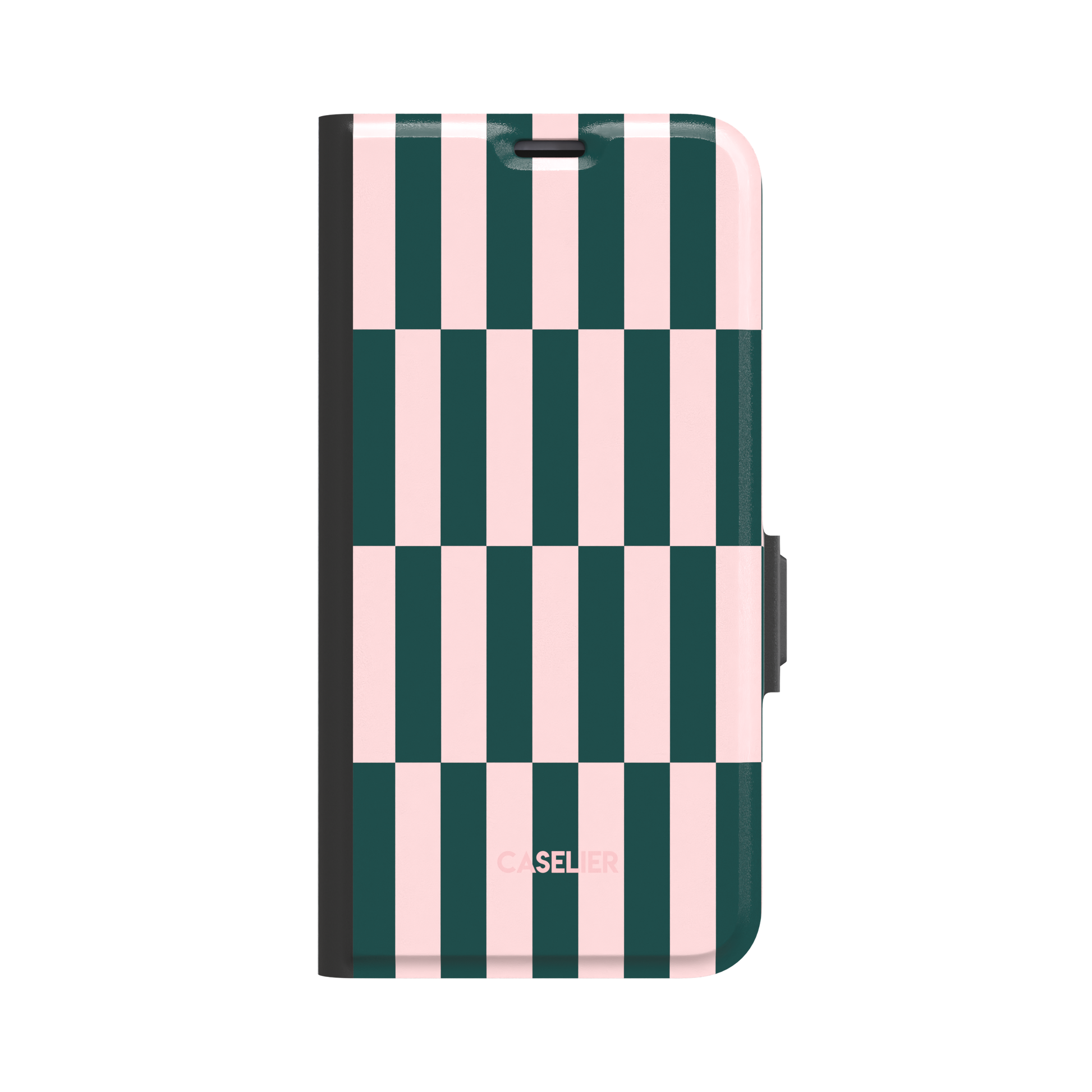 Rectangles folio wallet case in forest green and blush pink vertical checker pattern, front cover view with dark spine and magnetic clasp, white background, phone case by Caselier - wallet case, front view | Caselier