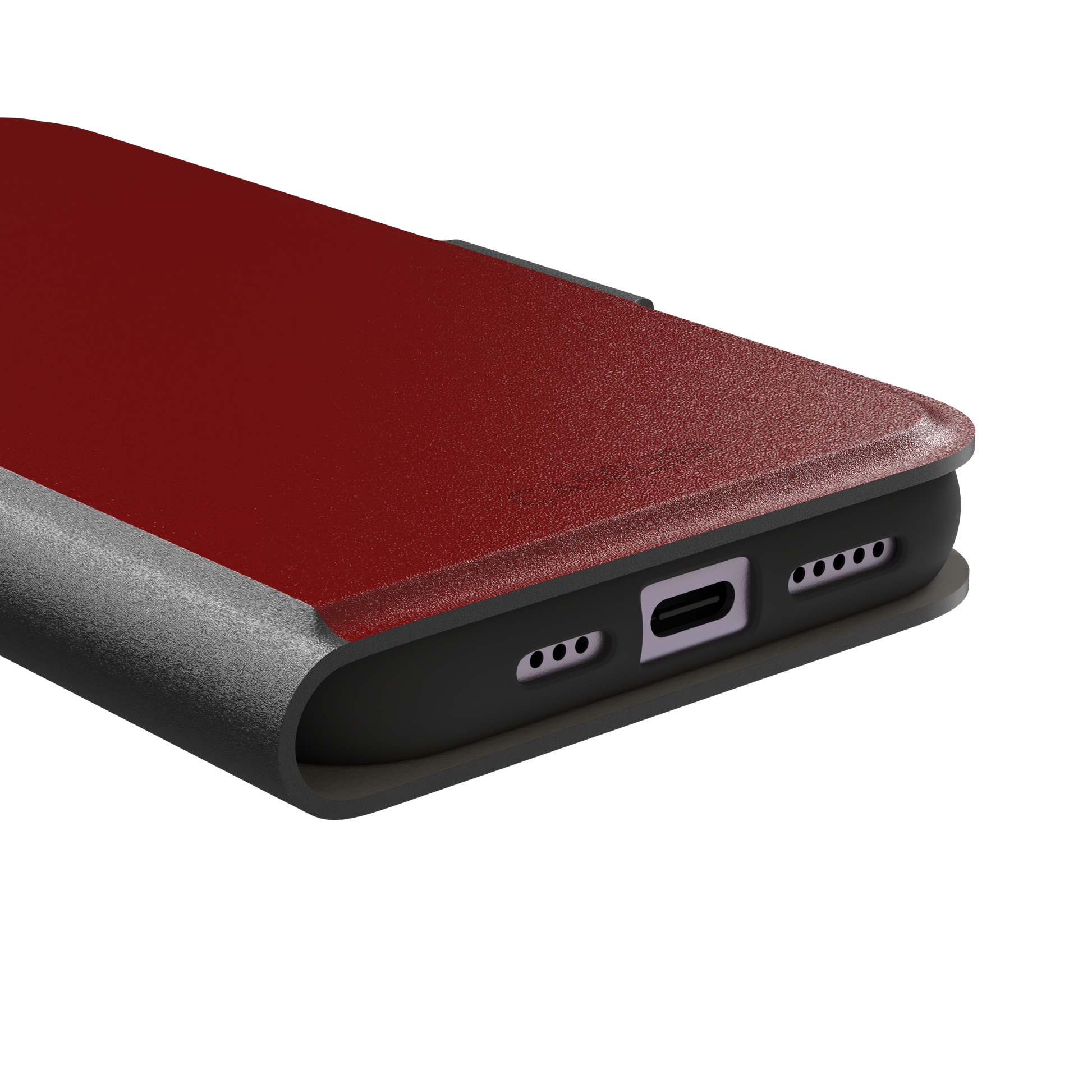 Solid deep brick red matte phone case color variant, phone case by Caselier — wallet case, charging port detail