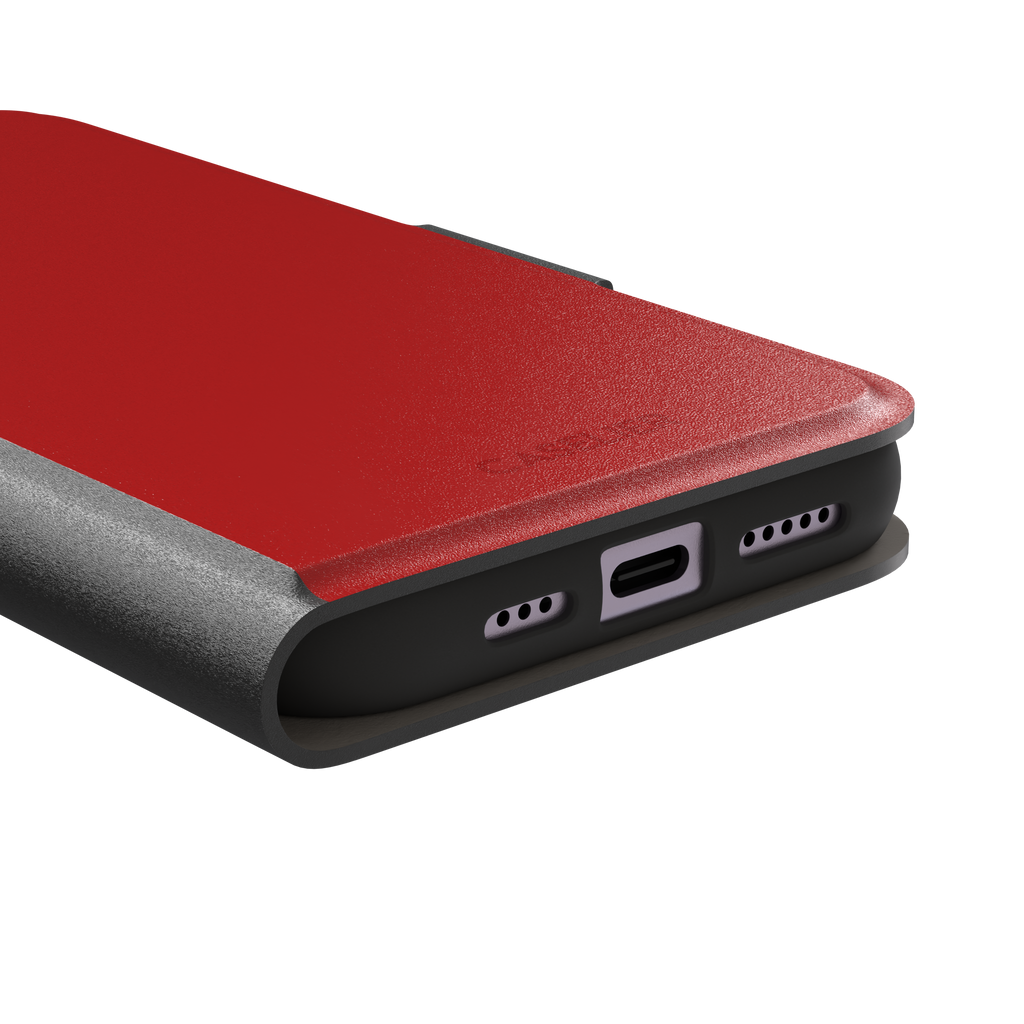 Solid vivid red matte phone case, phone case by Caselier — wallet case, charging port detail