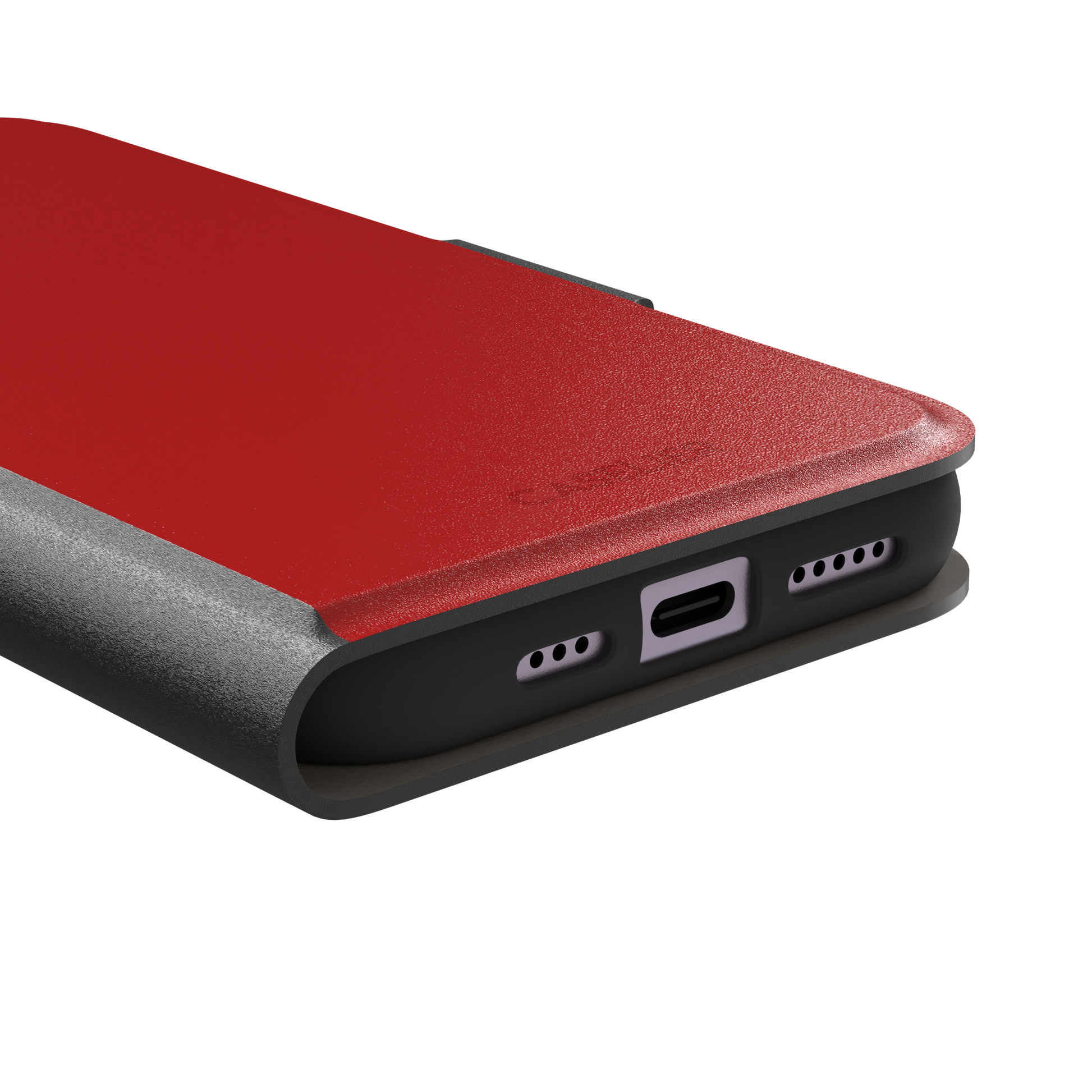 Solid vivid red matte phone case, phone case by Caselier — wallet case, charging port detail