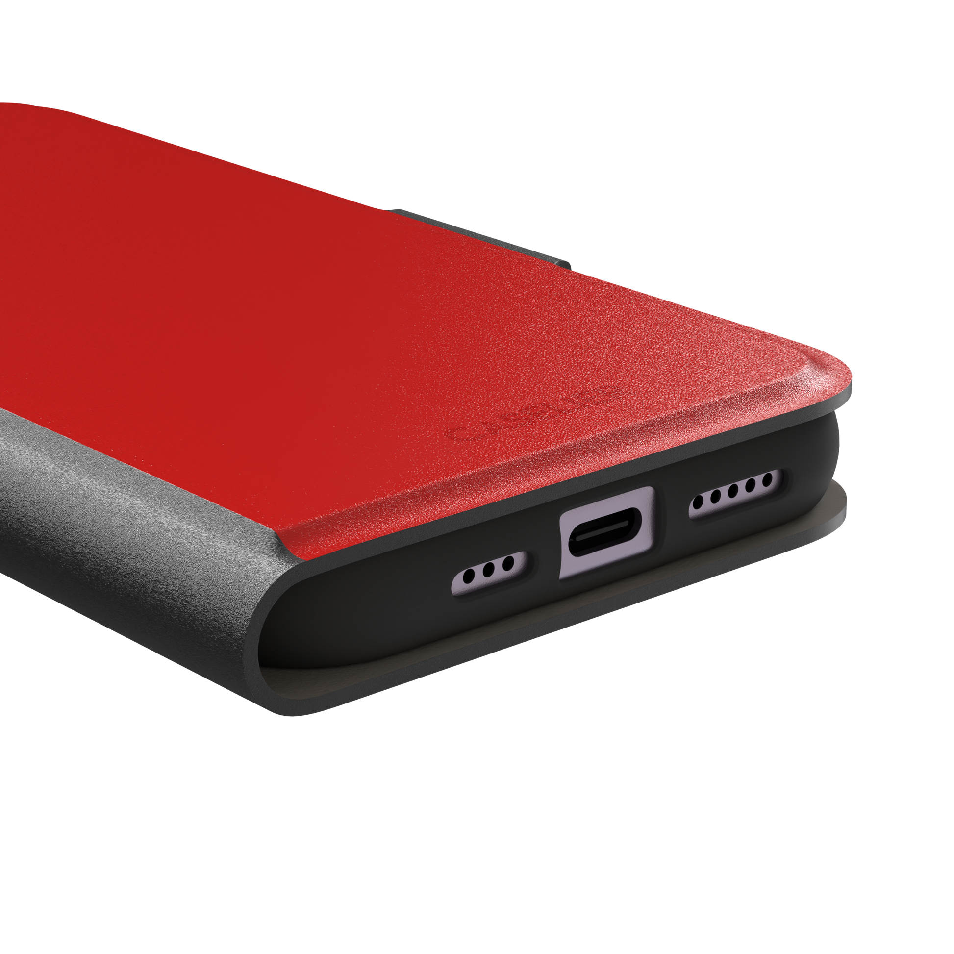 Solid classic red matte phone case color variant, phone case by Caselier — wallet case, charging port detail