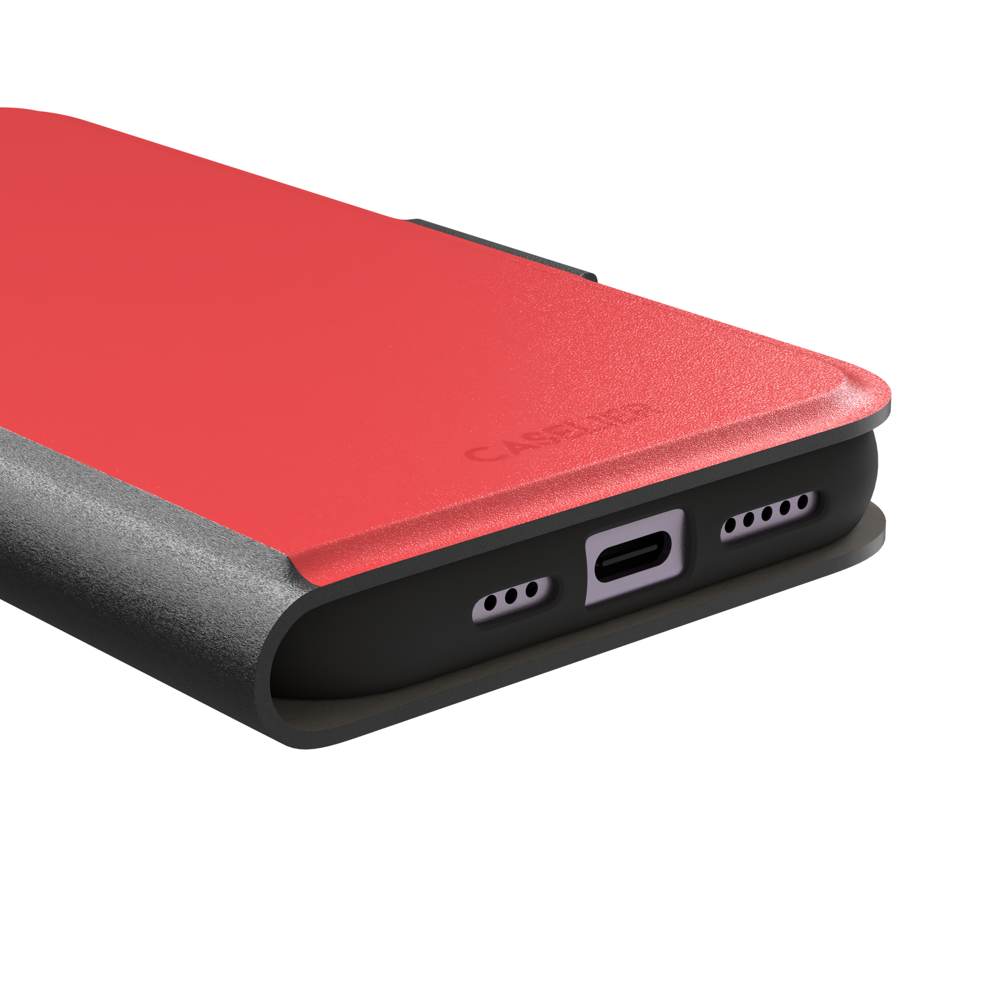 Solid coral red matte phone case color variant, phone case by Caselier — wallet case, charging port detail