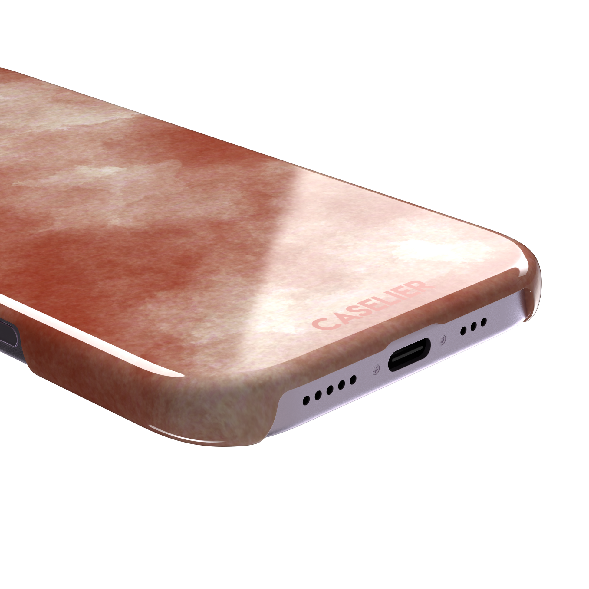 Red watercolor phone case with soft terracotta and cream cloud-like wash pattern, phone case by Caselier — snap case, charging port detail
